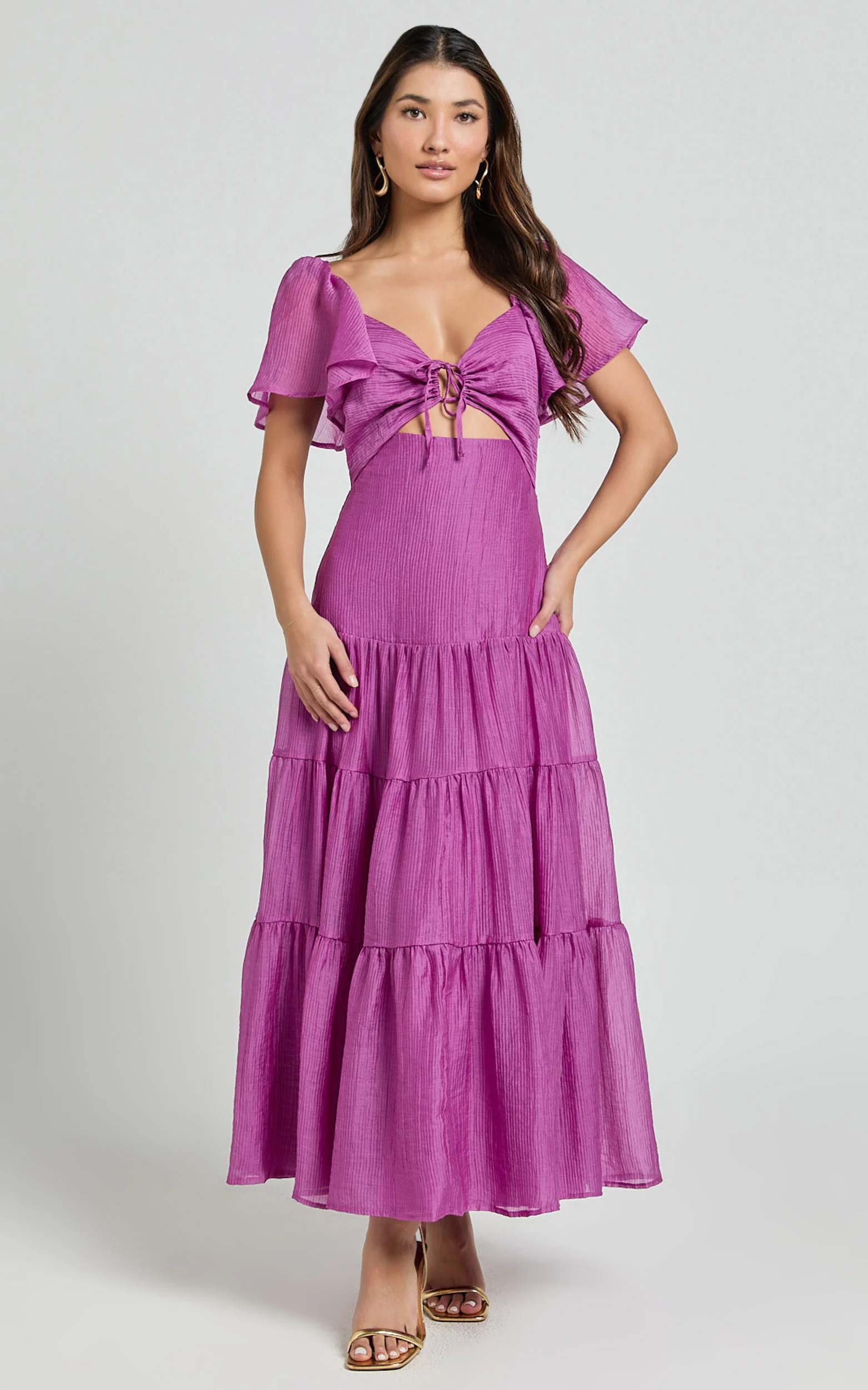Patricia Midi Dress - Flutter Sleeve Tie Front Tiered Dress in Orchid