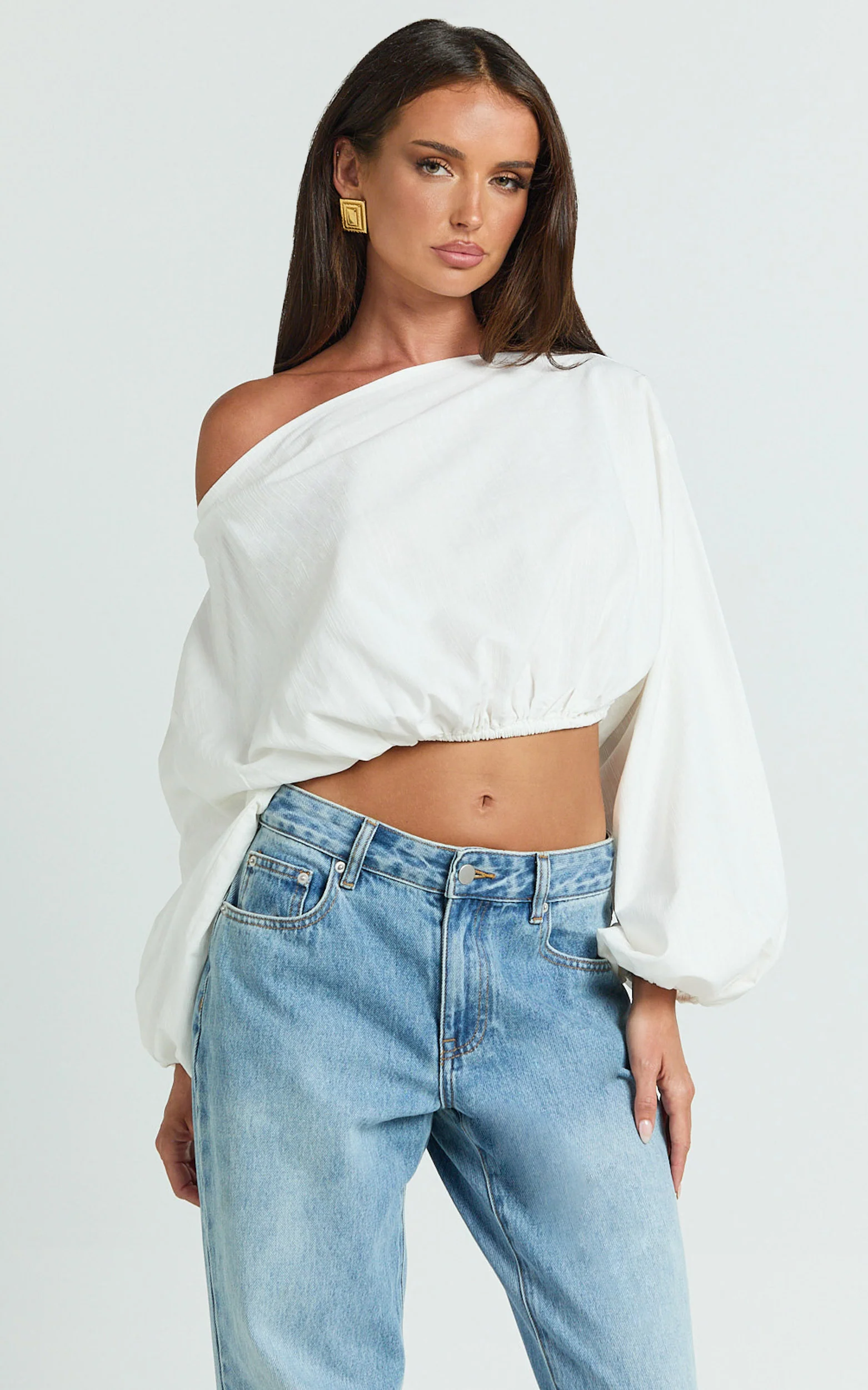 Alesia Top - Asymmetrical Boat Neck Elastic Hem Crop Top in White