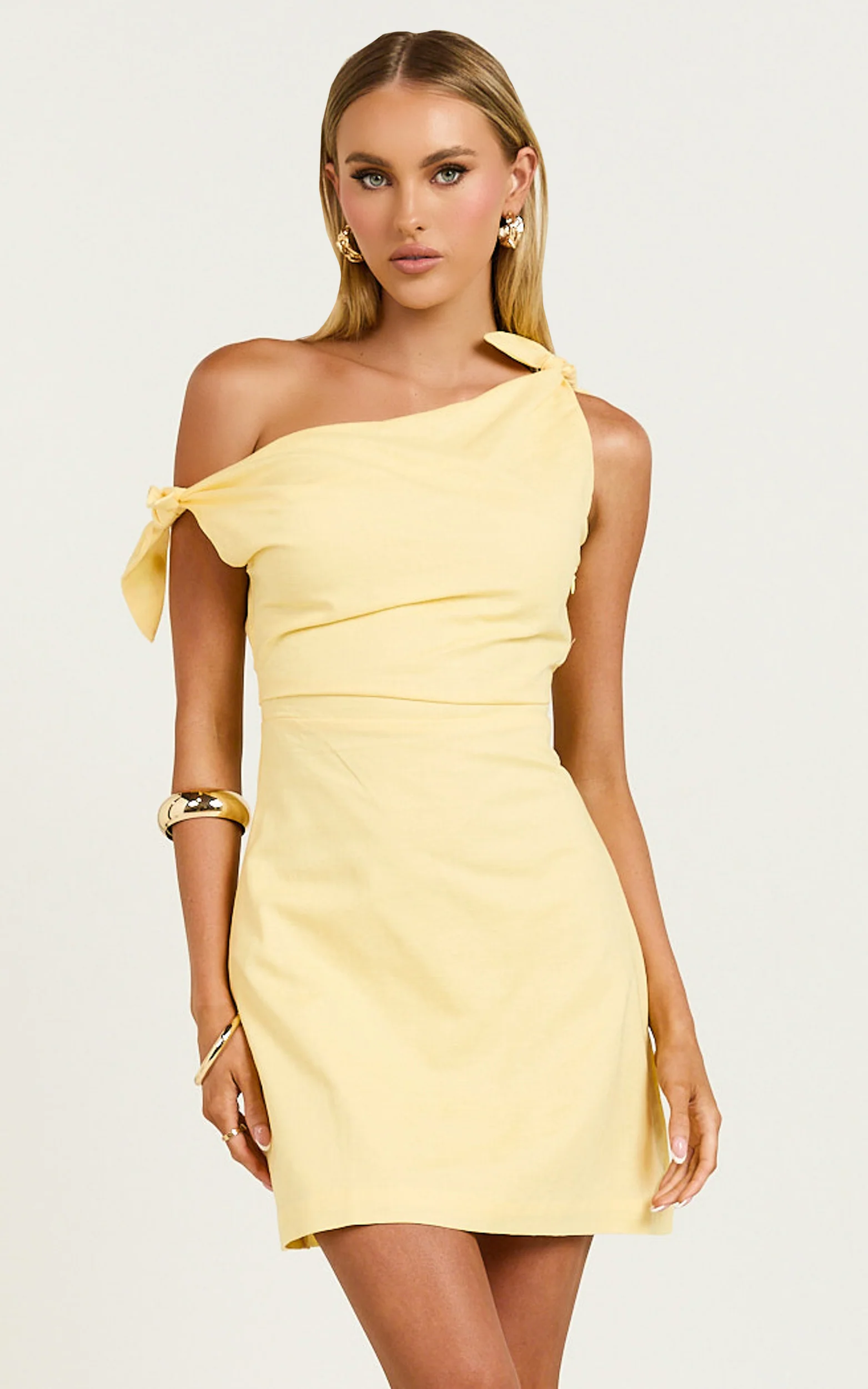Jeofina Mini Dress - Off The Shoulder Linen Look Dress in Lemon