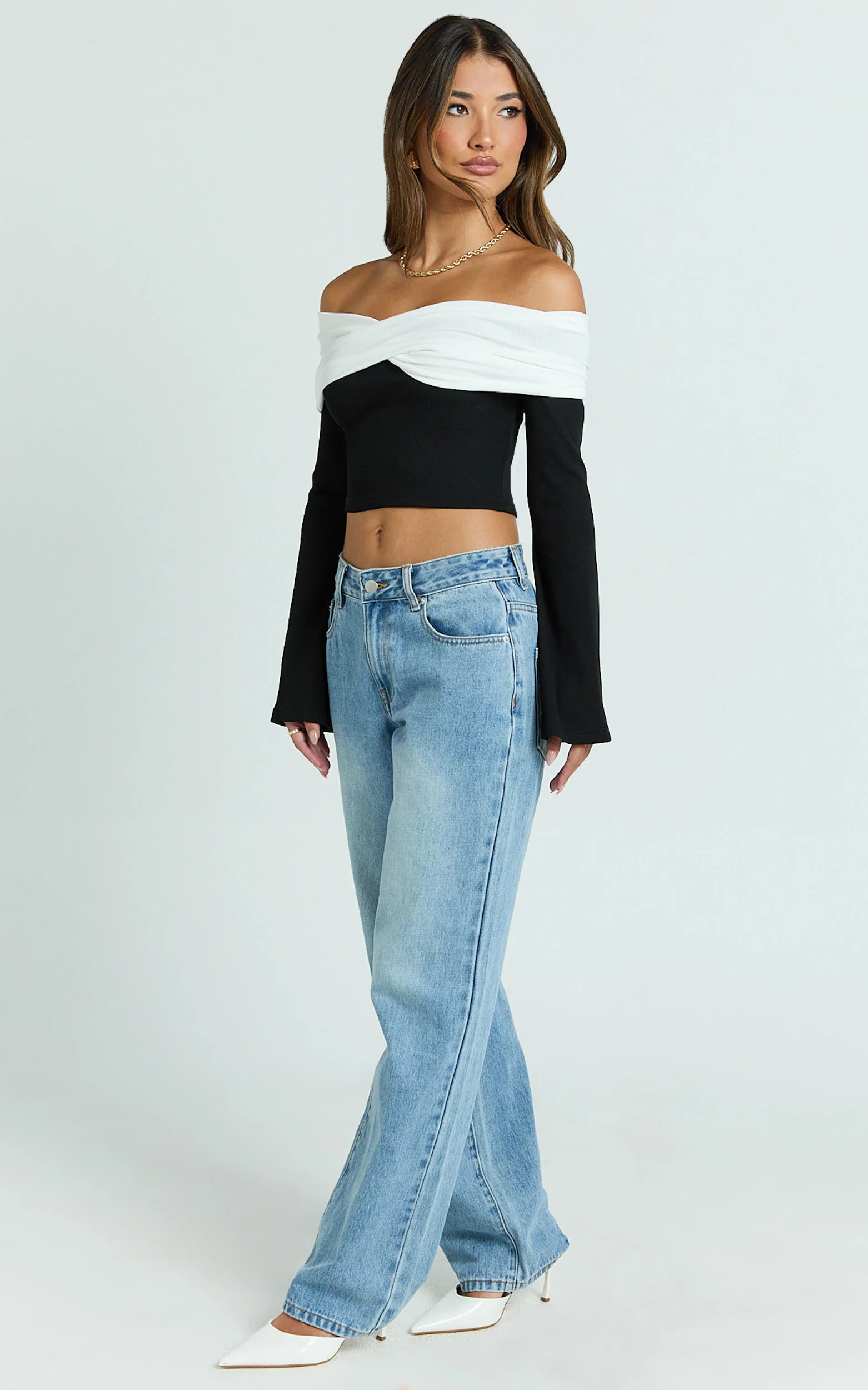 Sadie Top - Twist Off Shoulder Long Sleeve Rib Top in White/Black