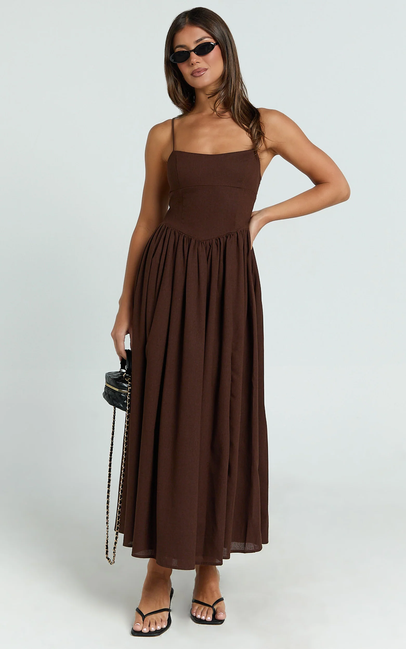 Morris Midi Dress - Linen Scoop Neck Gathered Dress in Chocolate
