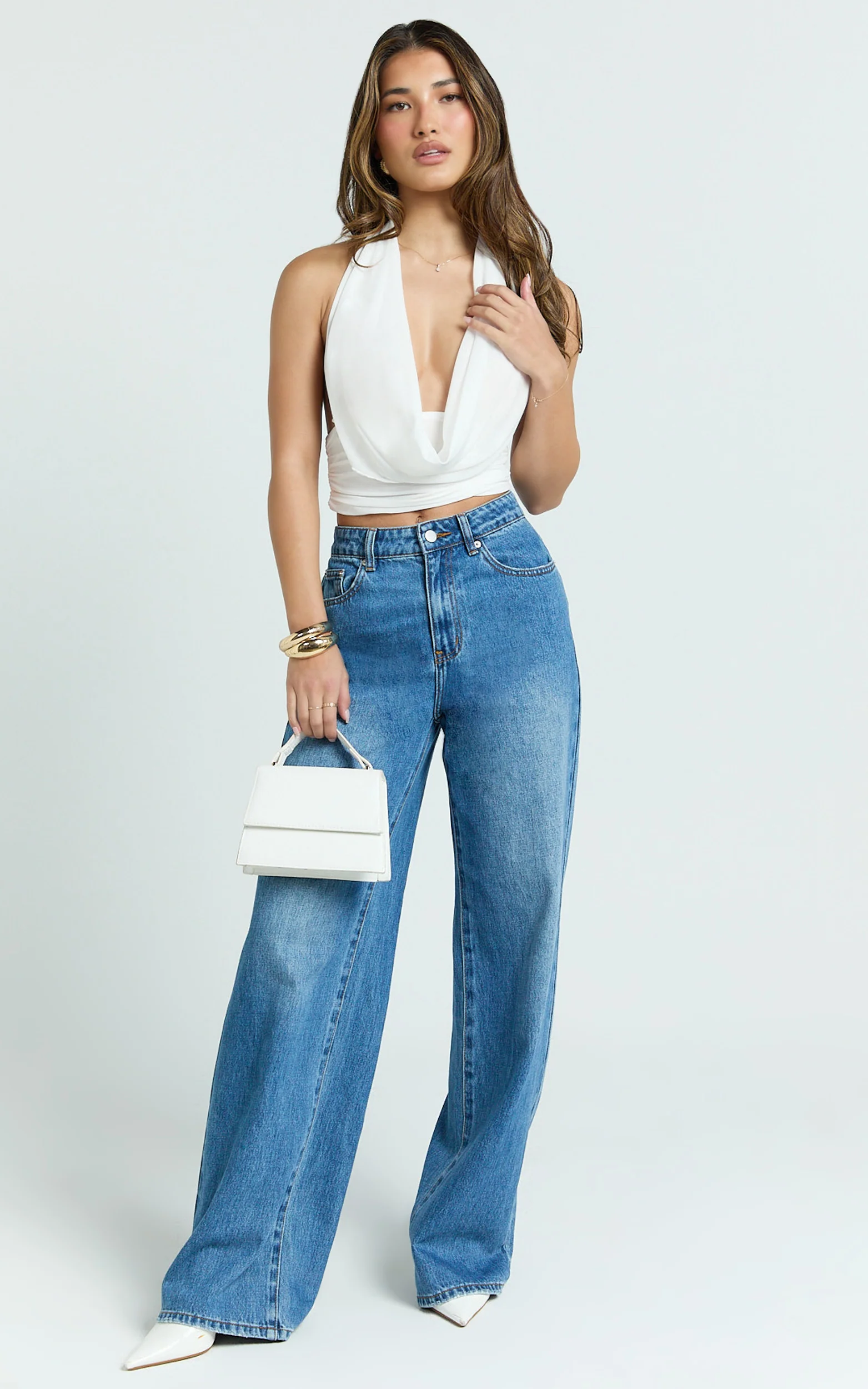 Britta Top - Cowl Neck Halter Crop Top in White