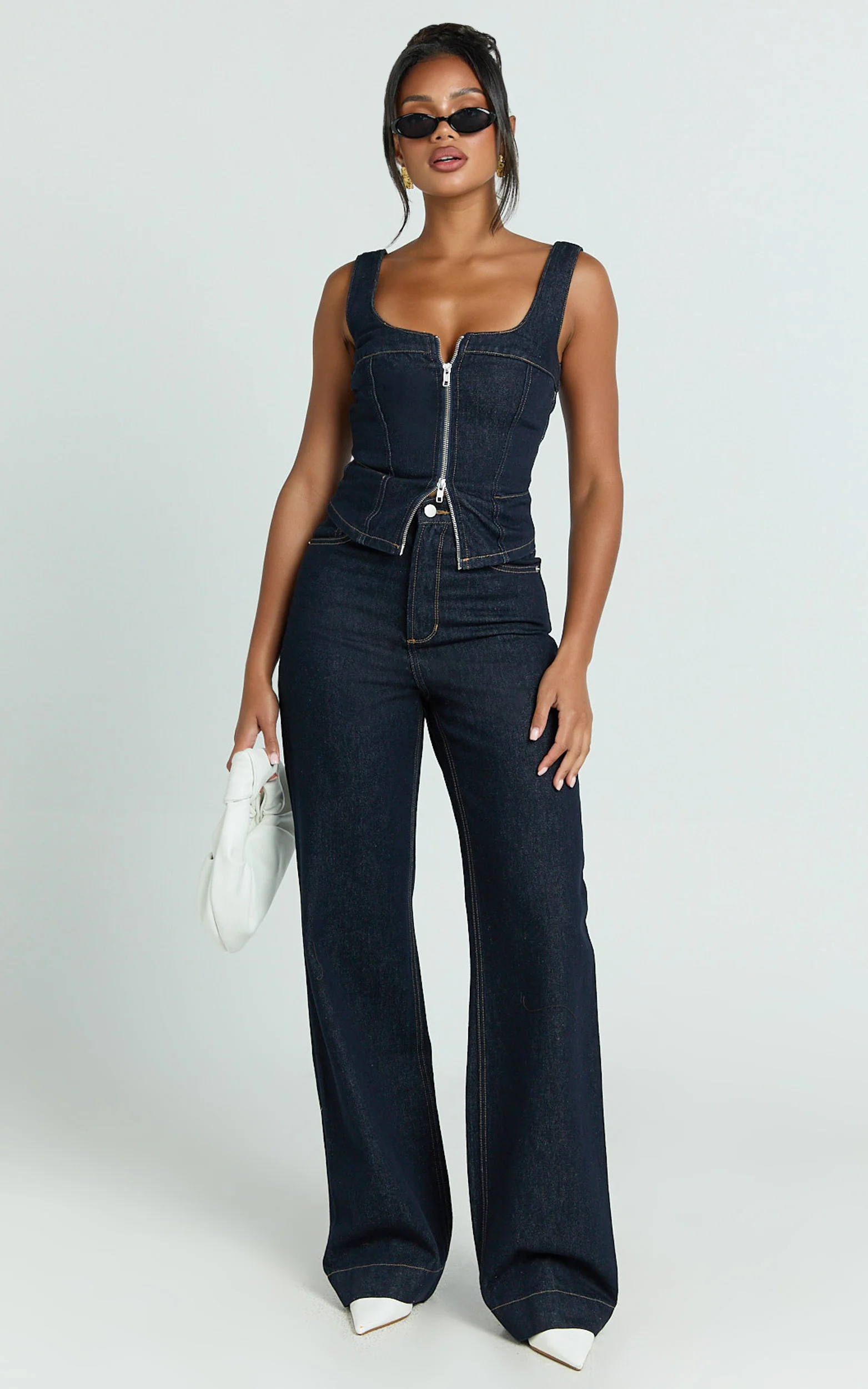 Emman Jeans - High Waisted Cotton Wide Leg Denim Jeans in Raw Denim with Tobacco Stitch