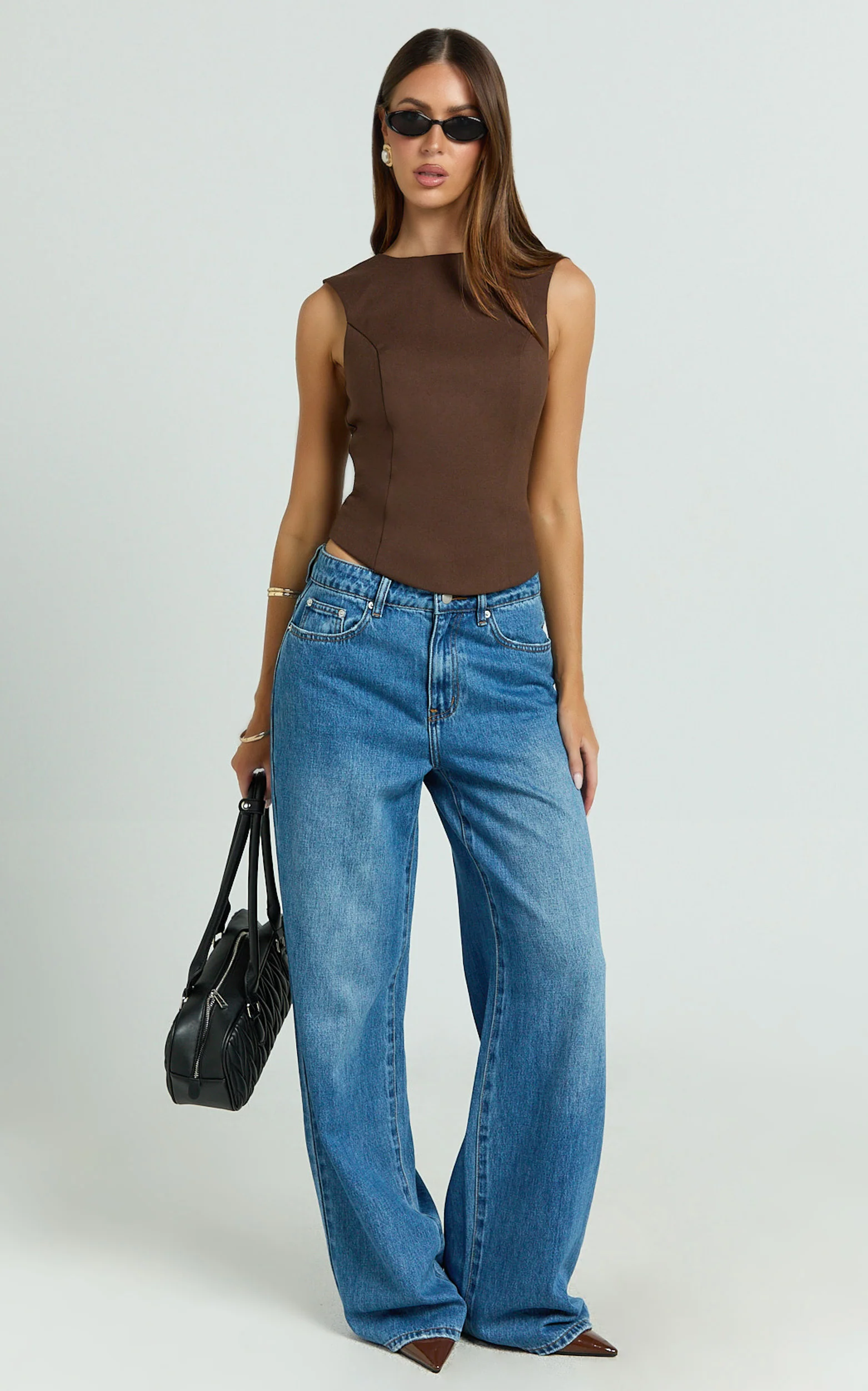 Yvette Top - High Neck Open Back Wool Look Top in Chocolate