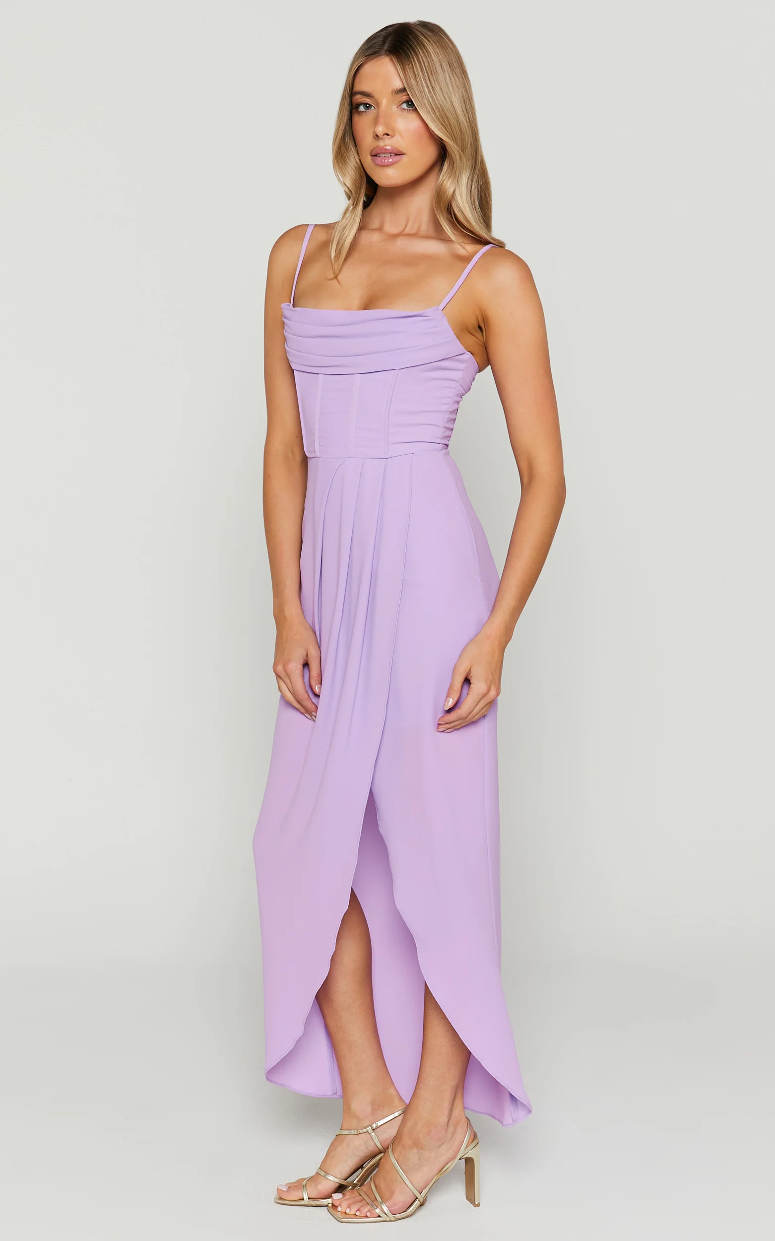 Andrina Midi Dress - High Low Wrap Corset Dress in Lilac