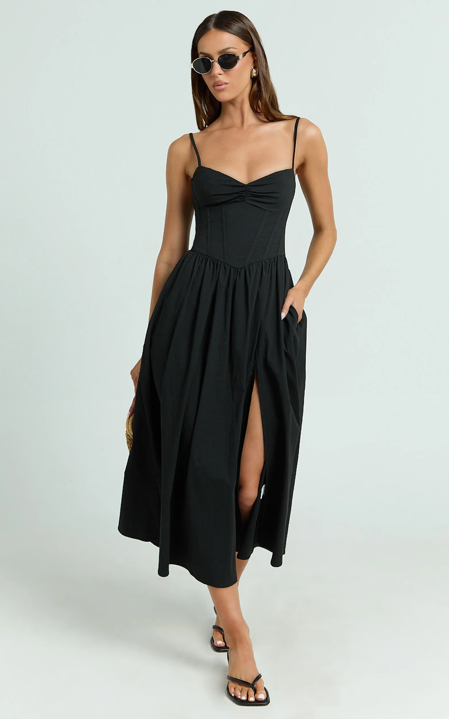 Maddie Midi Dress - Sweetheart Fit And Flare Gathered Dress in Black