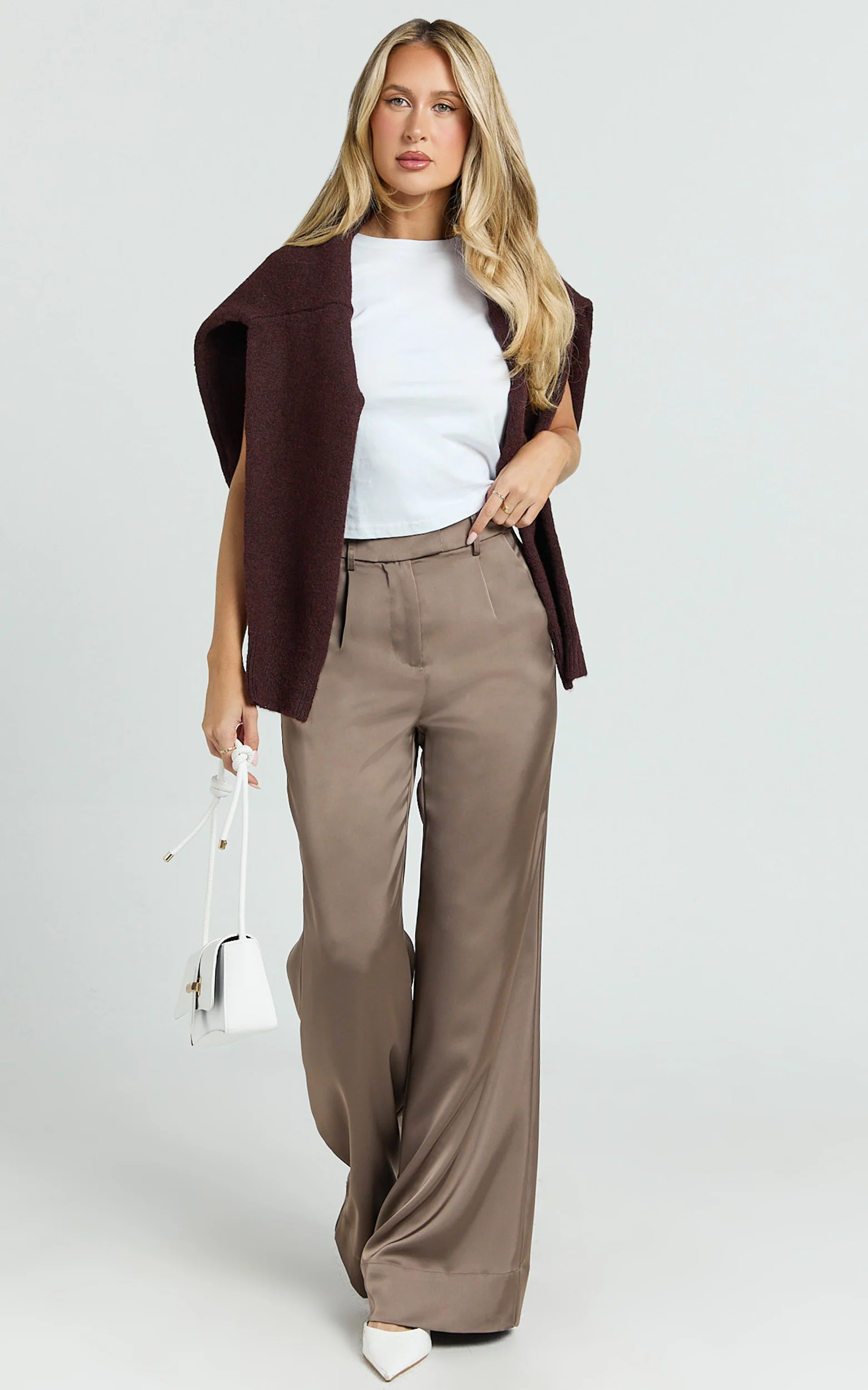 Cade Pants - Mid Waisted Front Pleat Satin Wide Leg Pants in Taupe