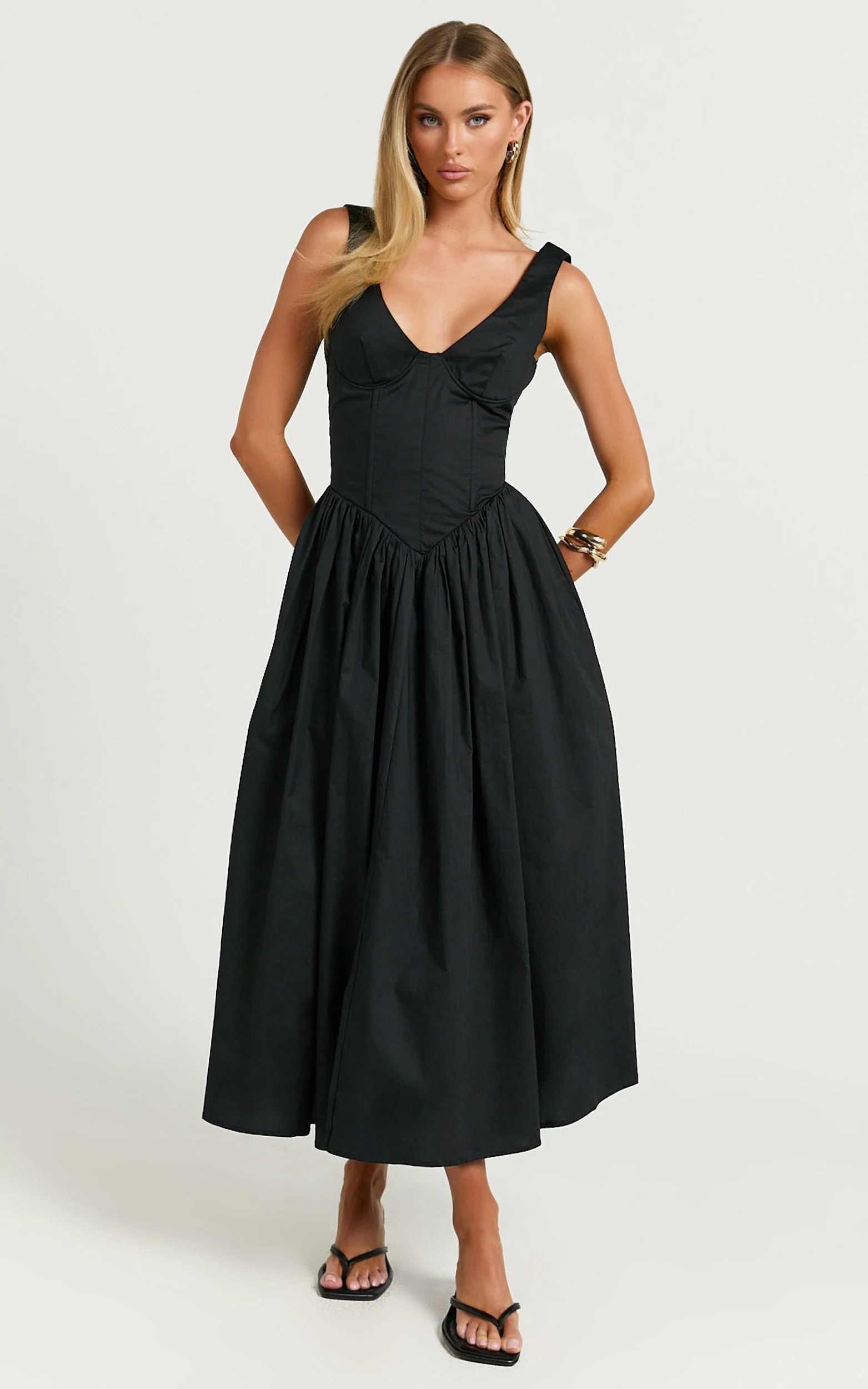 Beckett Midi Dress - Scoop Neck Drop V Waist Gathered Skirt Dress in Black