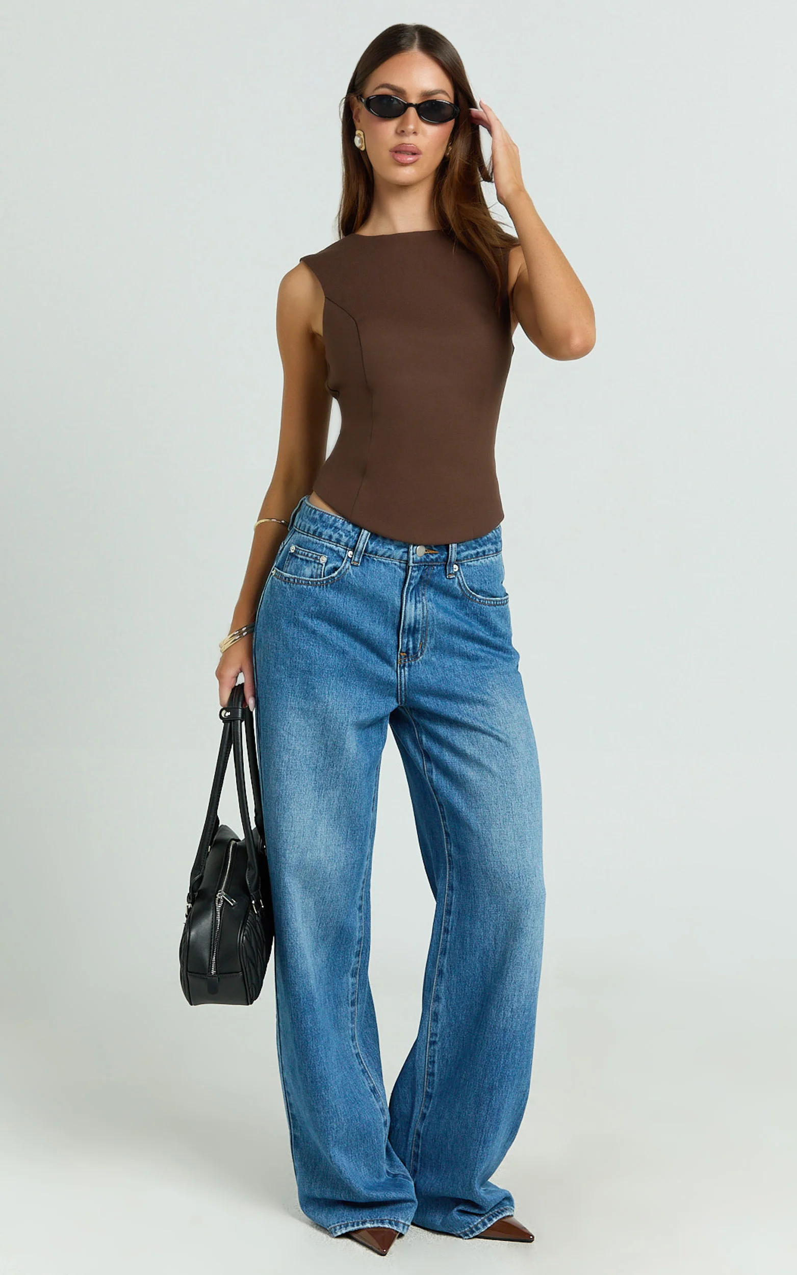 Yvette Top - High Neck Open Back Wool Look Top in Chocolate