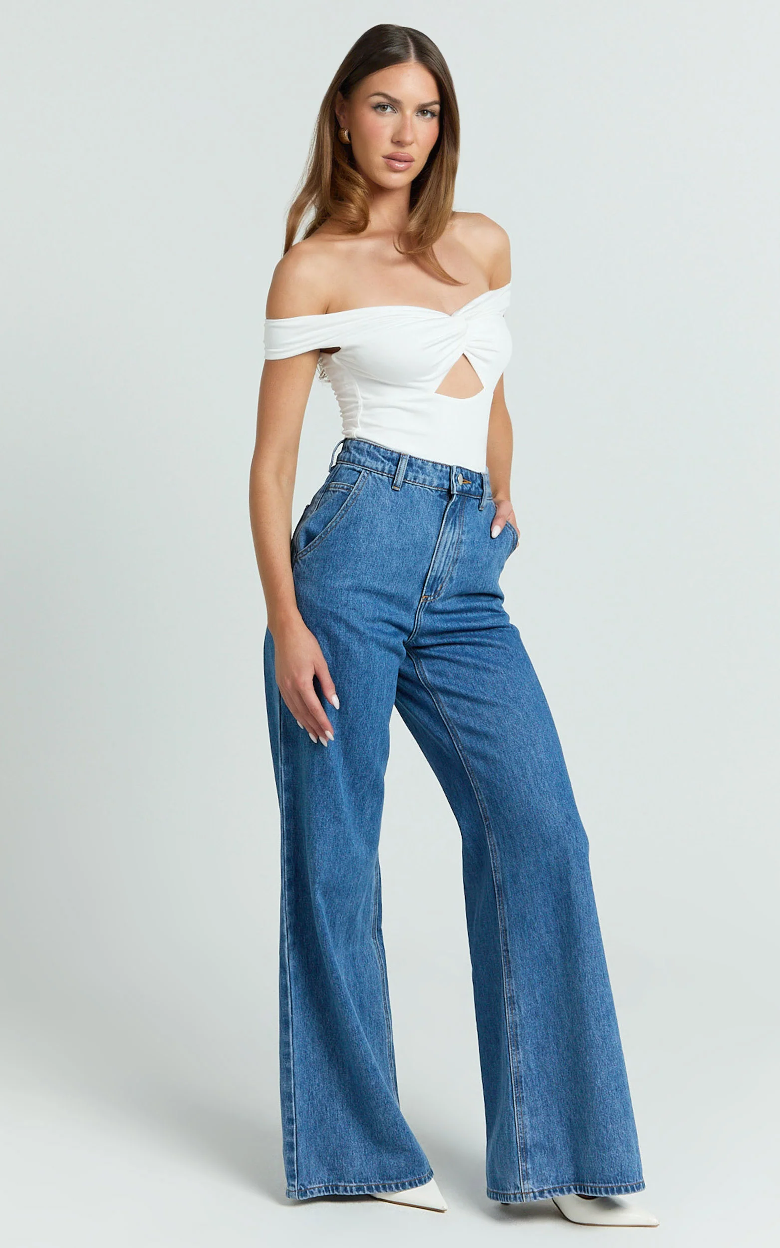 Helen Bodysuit - Twist Off Shoulder Cut Out Bodysuit in White