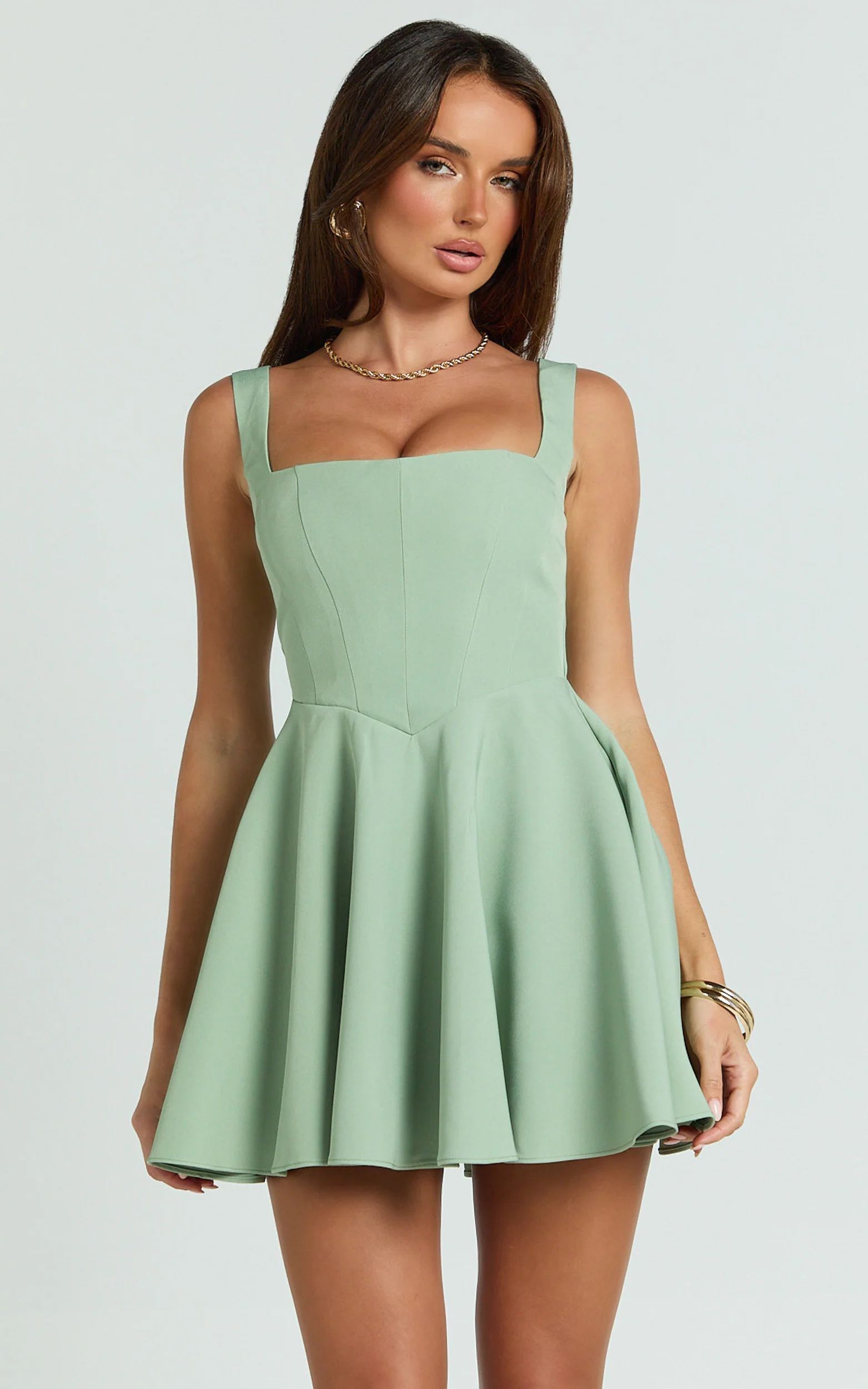 Harmony Mini Dress - Wide Strap Square Neck Fit And Flare Dress in Sage