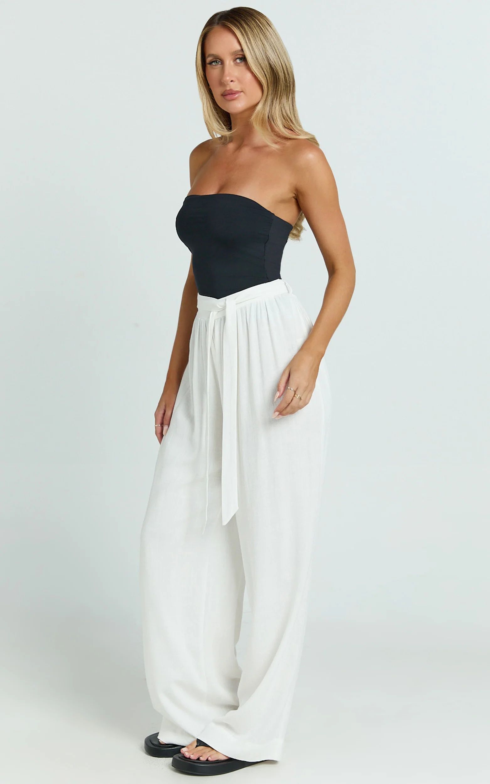 Kalli Pants - Linen Look Belted Wide Leg Relaxed Pants in White