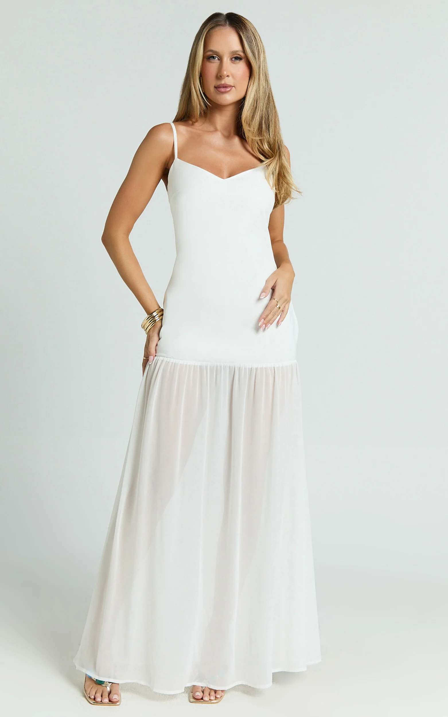 Calvin Maxi Dress - Linen Look Contrast Georgette Skirt with Neck Scarf in White