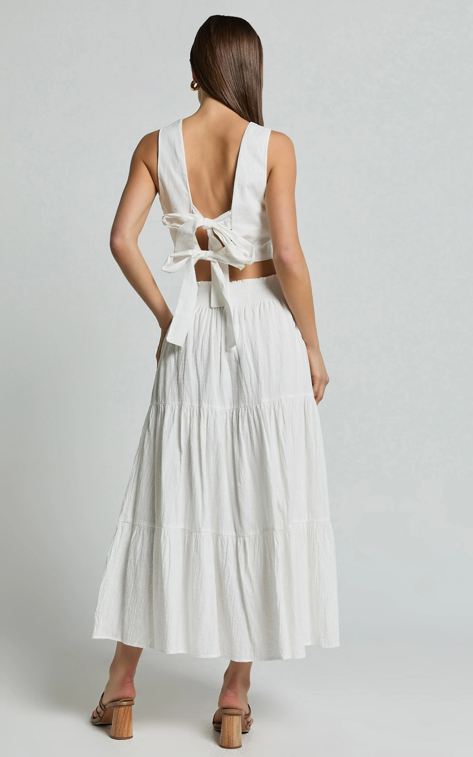 Ruby Midi Skirt - Shirred High Waist Cotton Tiered Skirt in Off White