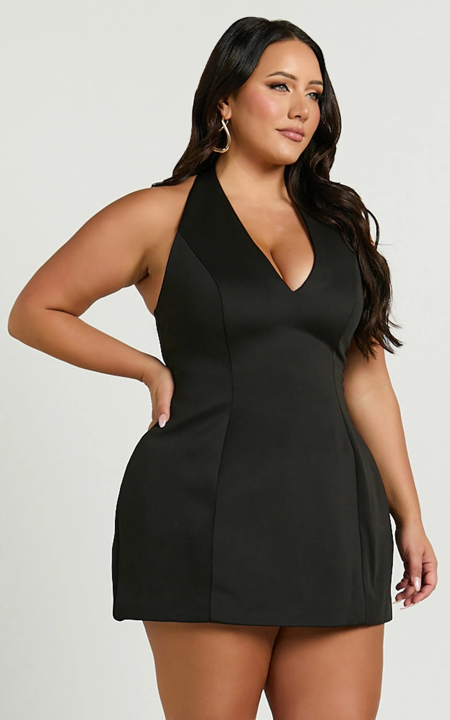 Gaia Mini Dress - Plunge Halter Fit and Flare Dress in Black