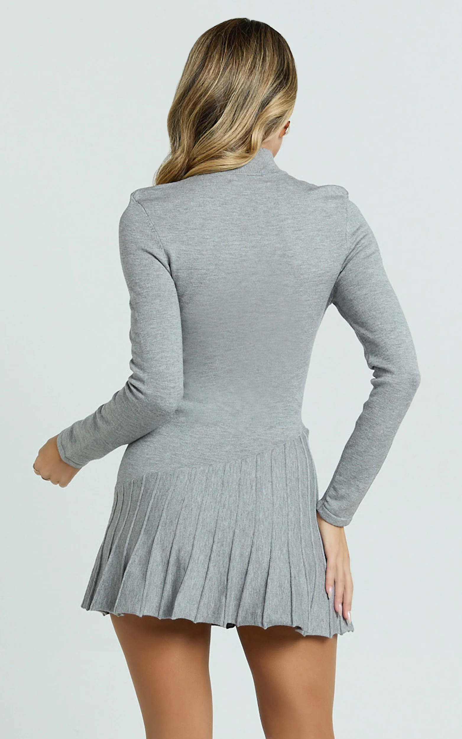 Zuri Mini Dress - High Neck Long Sleeve Drop Waist Pleat Skirt Knit Dress in Grey