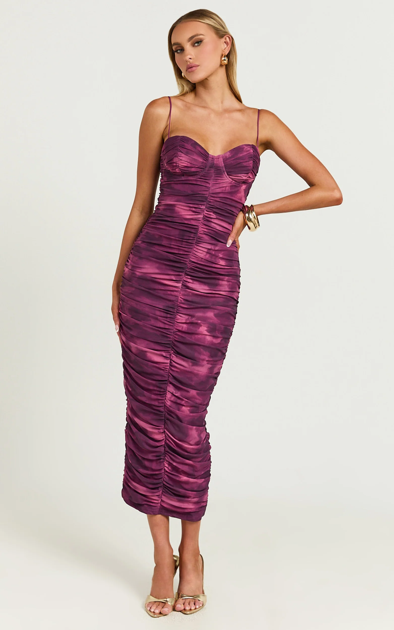 Leanor Midi Dress - Mesh Ruched Bustier Bodycon Dress in Purple Fields