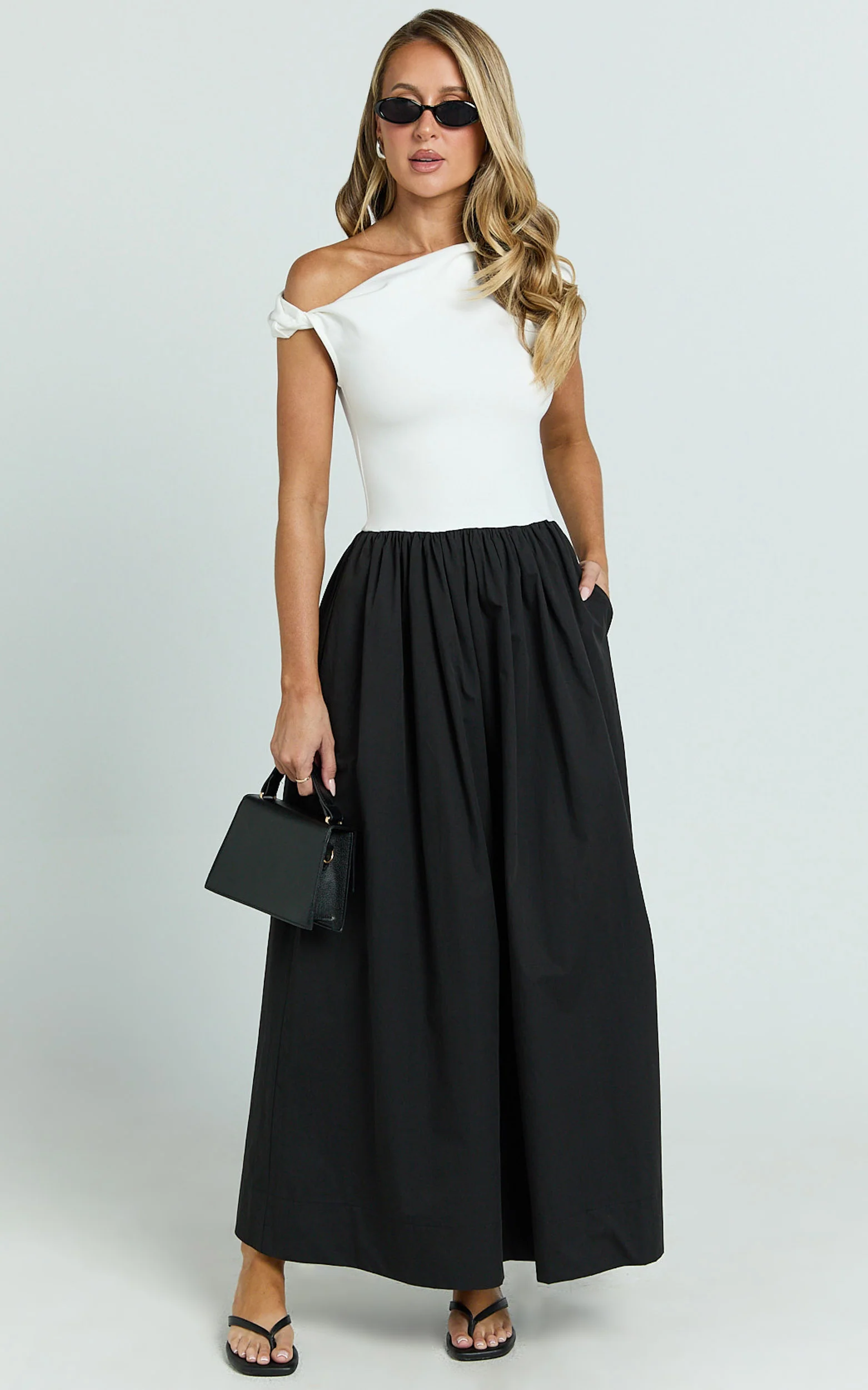 Jhamie Midi Dress - One Shoulder Contrast Skirt Dress in White/Black