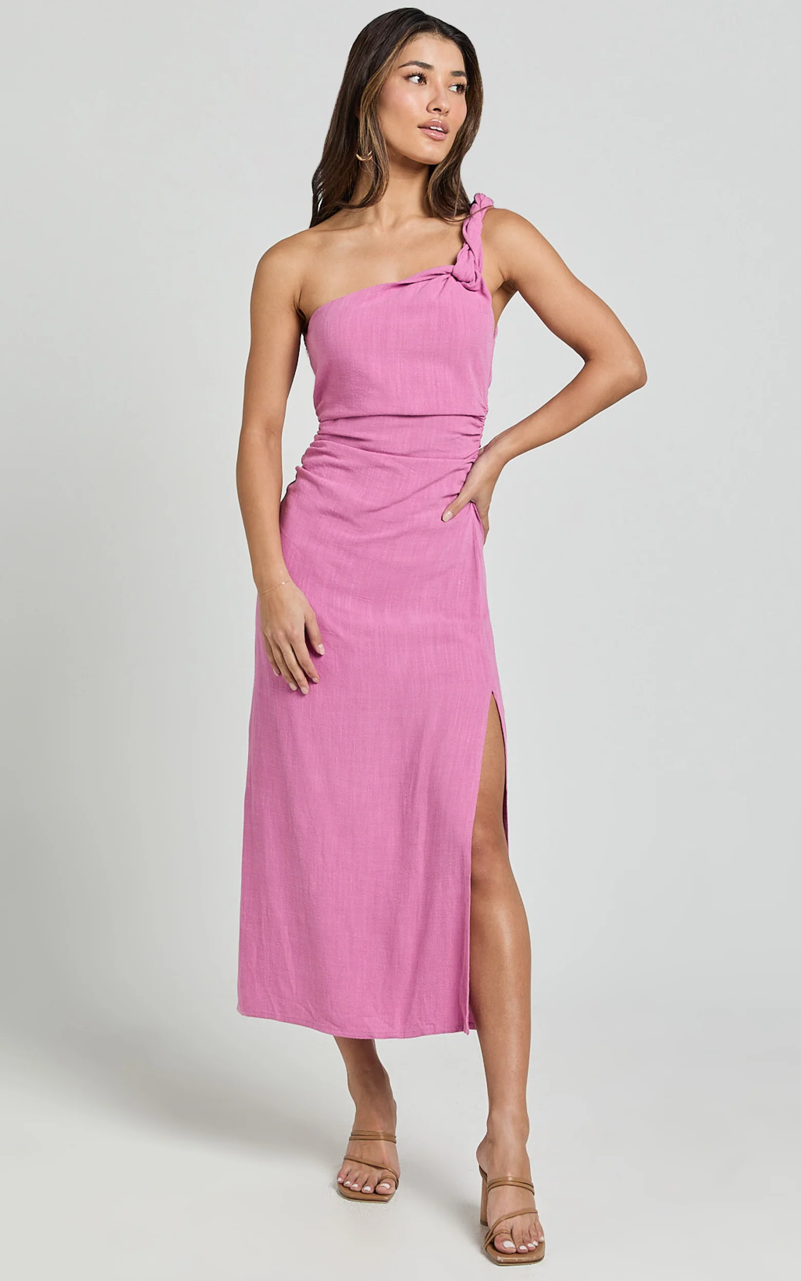 Finley Midi Linen Dress - Linen Feel One Shoulder Ruched Dress in Orchid