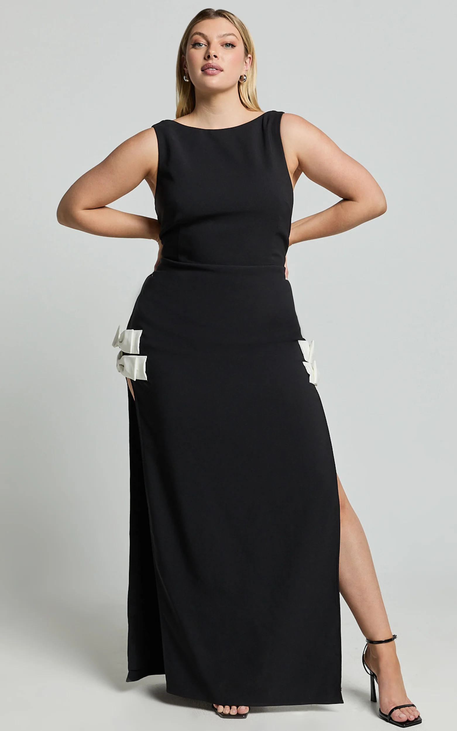 Bernice Maxi Dress - Low Back Side Split Bow Detail Dress in Black