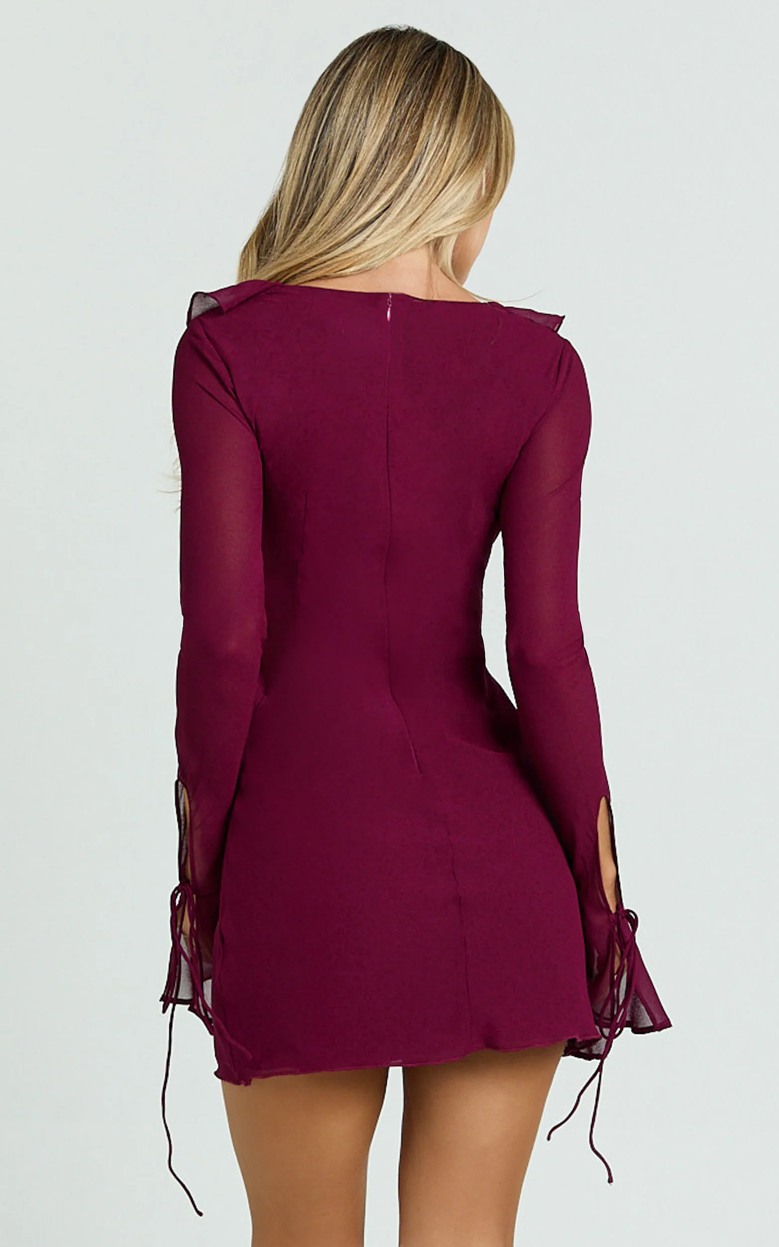 Alesya Mini Dress - Ruffle Plunge Neck Long Sleeve Tie Detail Dress in Wine