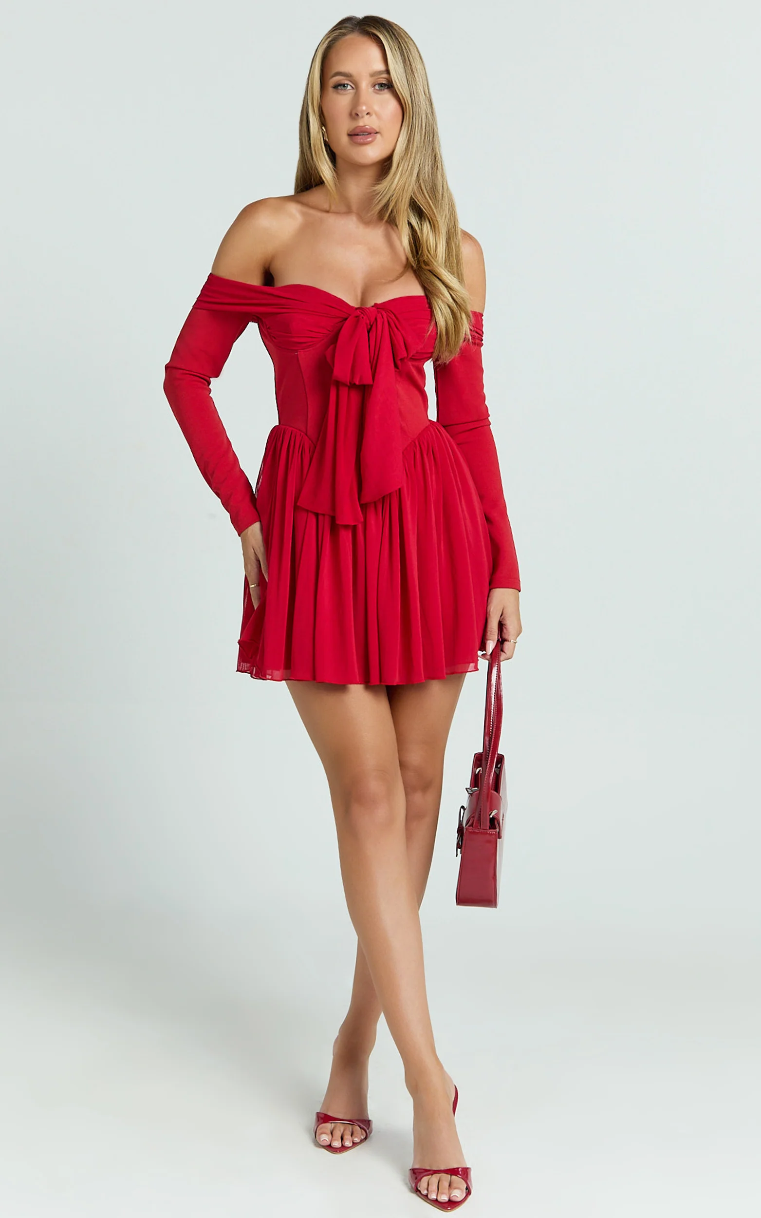Bennett Mini Dress - Off Shoulder Long Sleeve V Waist Dress in Red