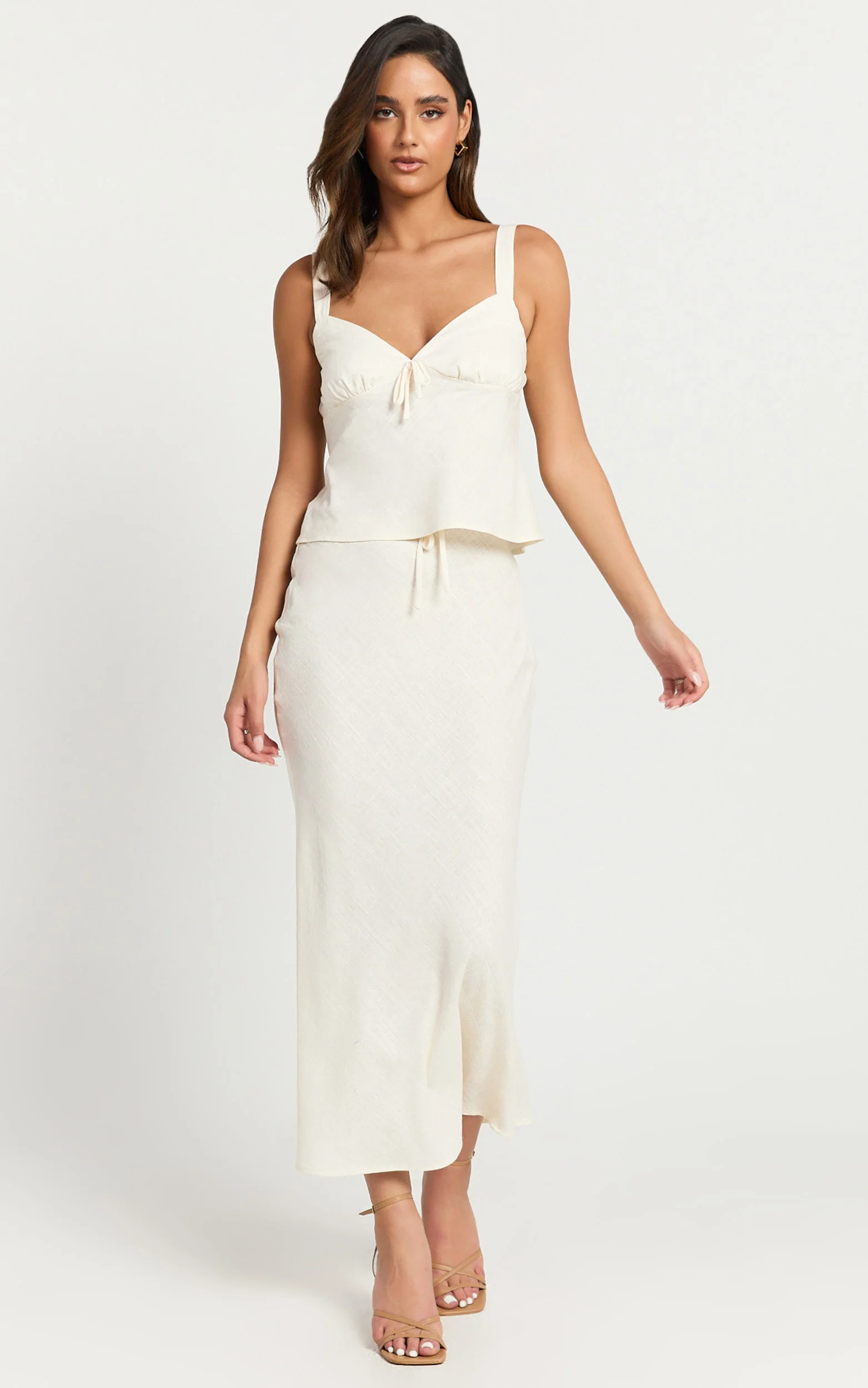 Polly Midi Skirt - Linen Low Waisted Front Bow Slip Skirt in Stone