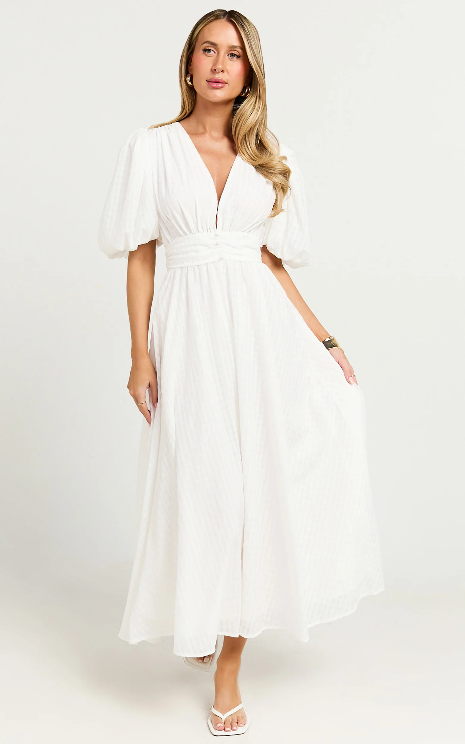 Xandy Midi Dress - Textured Puff Sleeve Plunge Dress in White