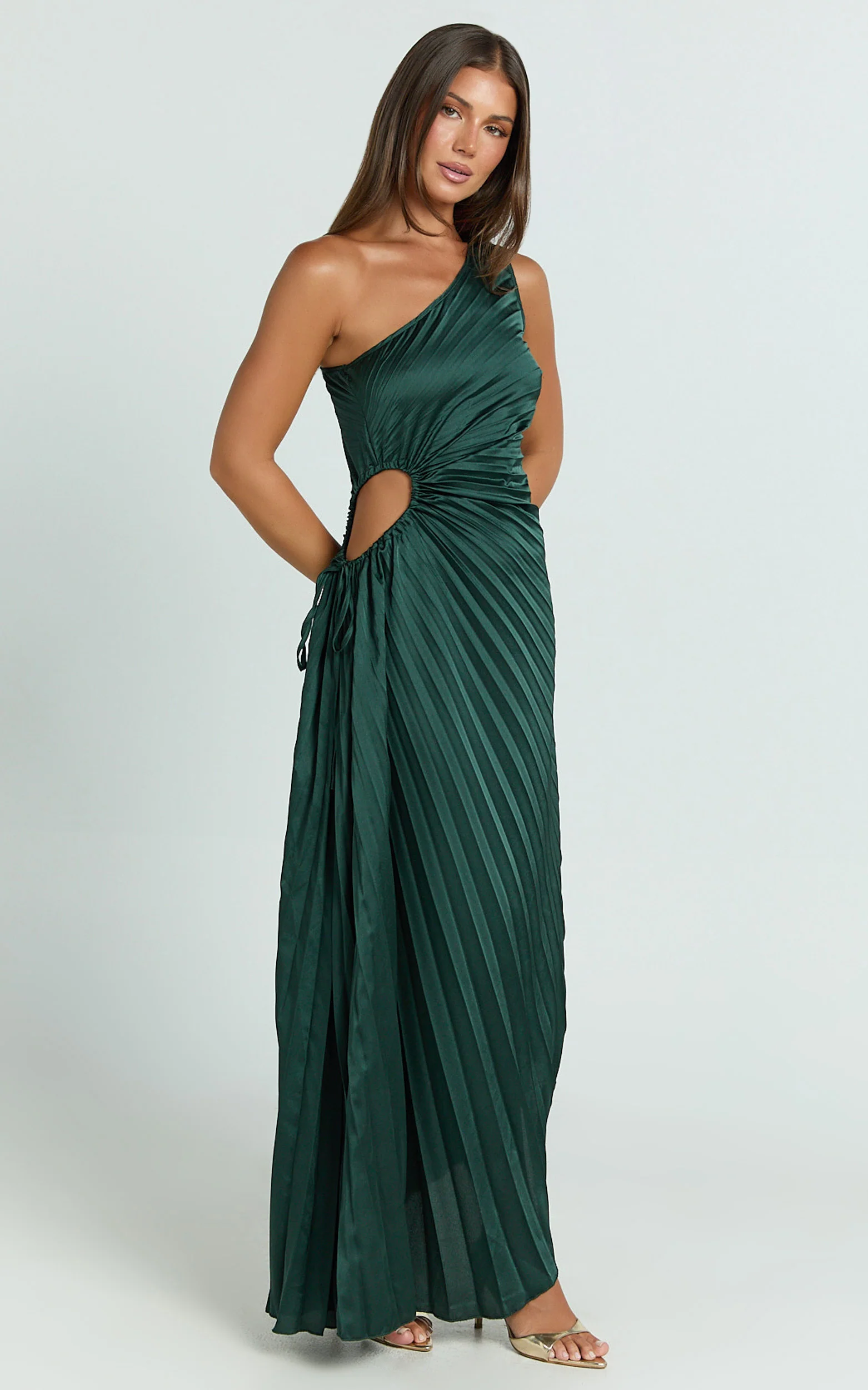 Kitsune Maxi Dress - One Shoulder Cut Out Dress in Emerald Green