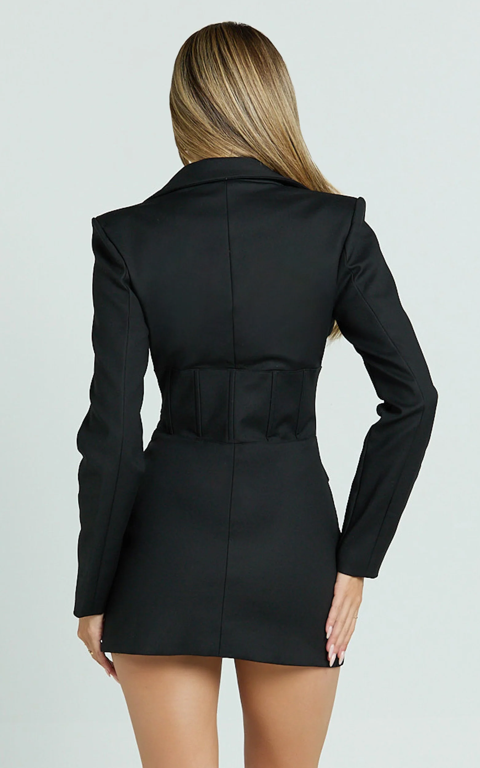 Lawrence Mini Dress - Workwear Hook And Eye Front Fit And Flare Blazer Dress in Black