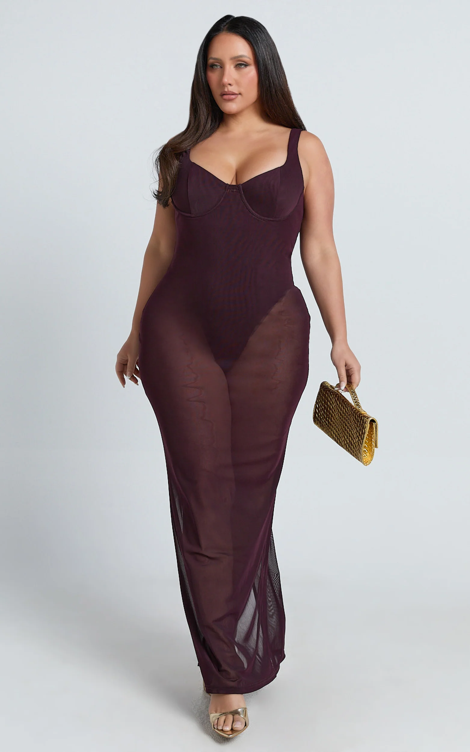 Laney Maxi Dress - Mesh Sweetheart Neck Bodycon Dress in Plum