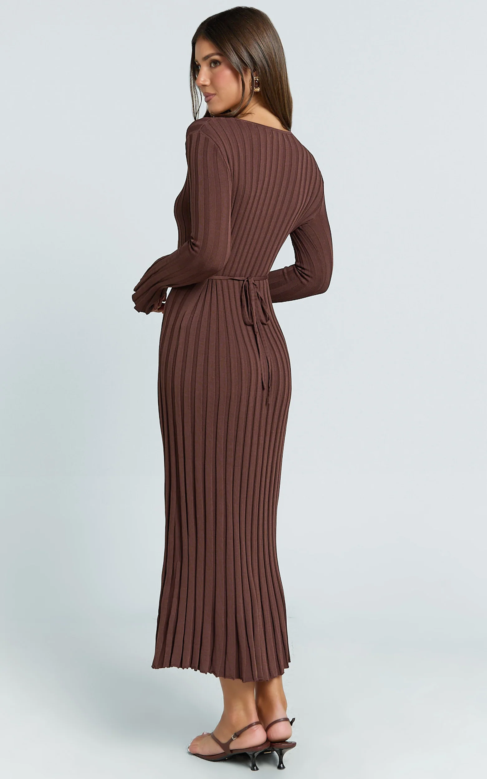 Blaire Midi Dress - Long Sleeve Tie Back Flare Dress in Dark Chocolate