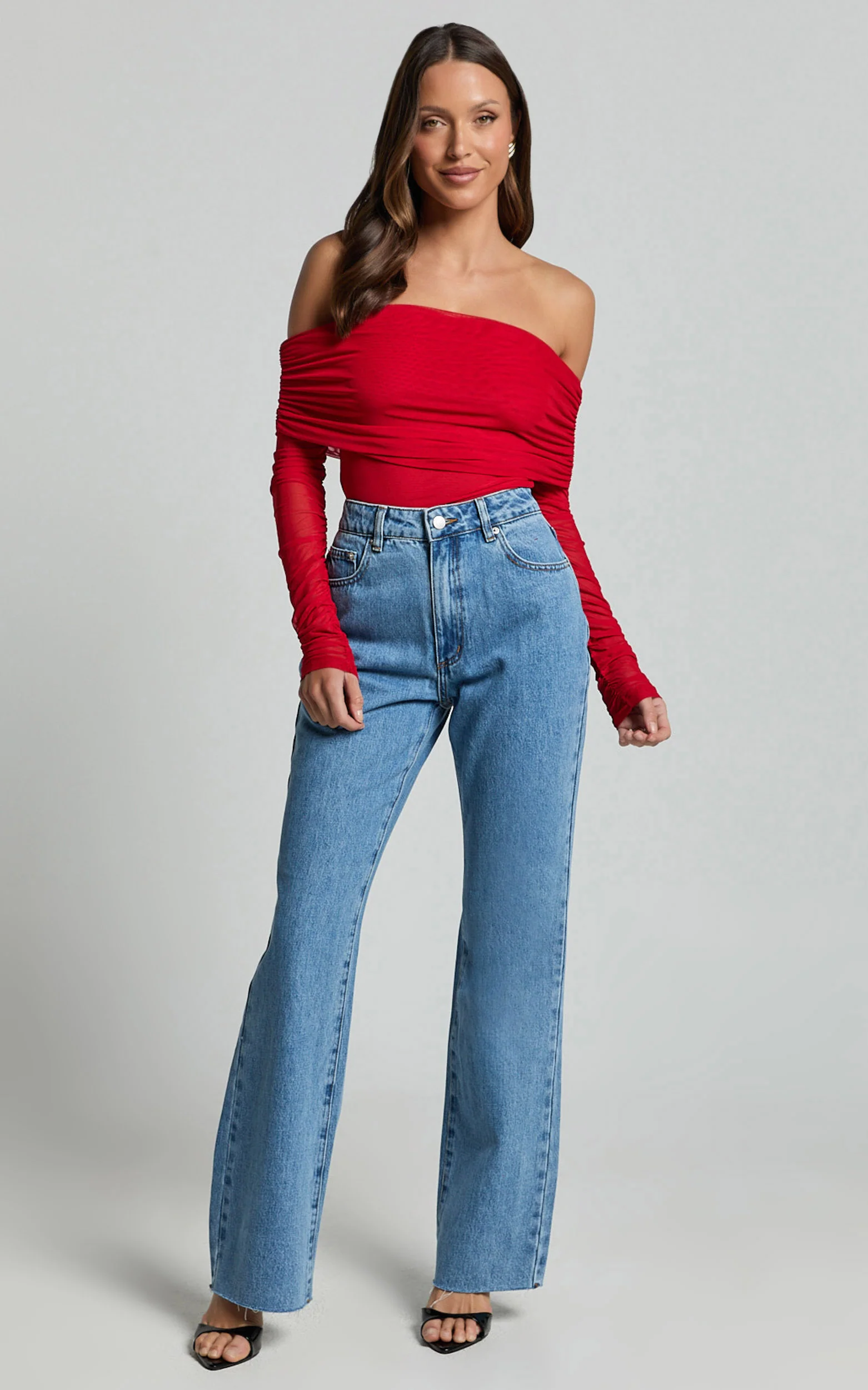 Jaythen Bodysuit - Long Sleeve Off Shoulder Ruched Mesh Bodysuit in Red