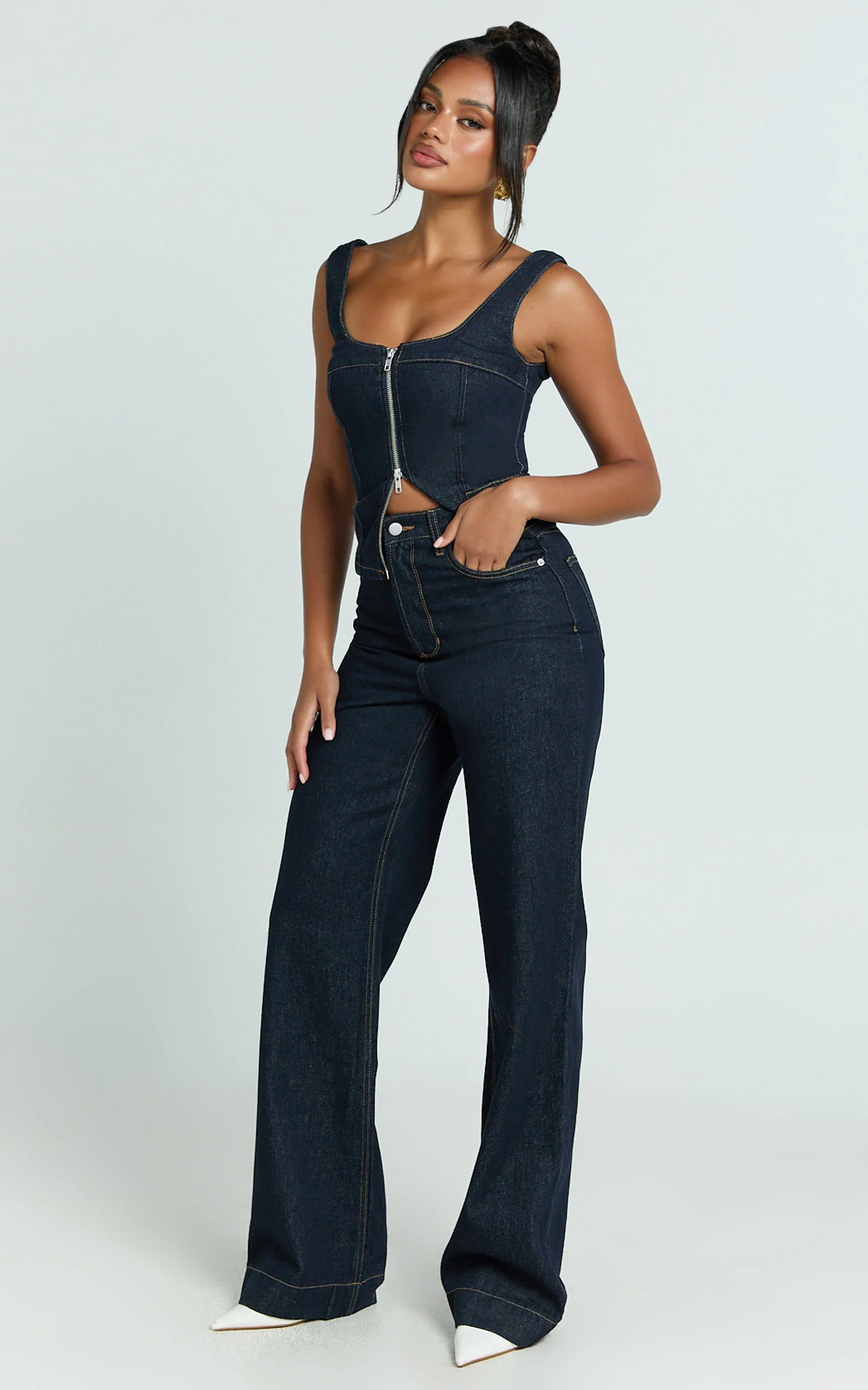 Emman Jeans - High Waisted Cotton Wide Leg Denim Jeans in Raw Denim with Tobacco Stitch