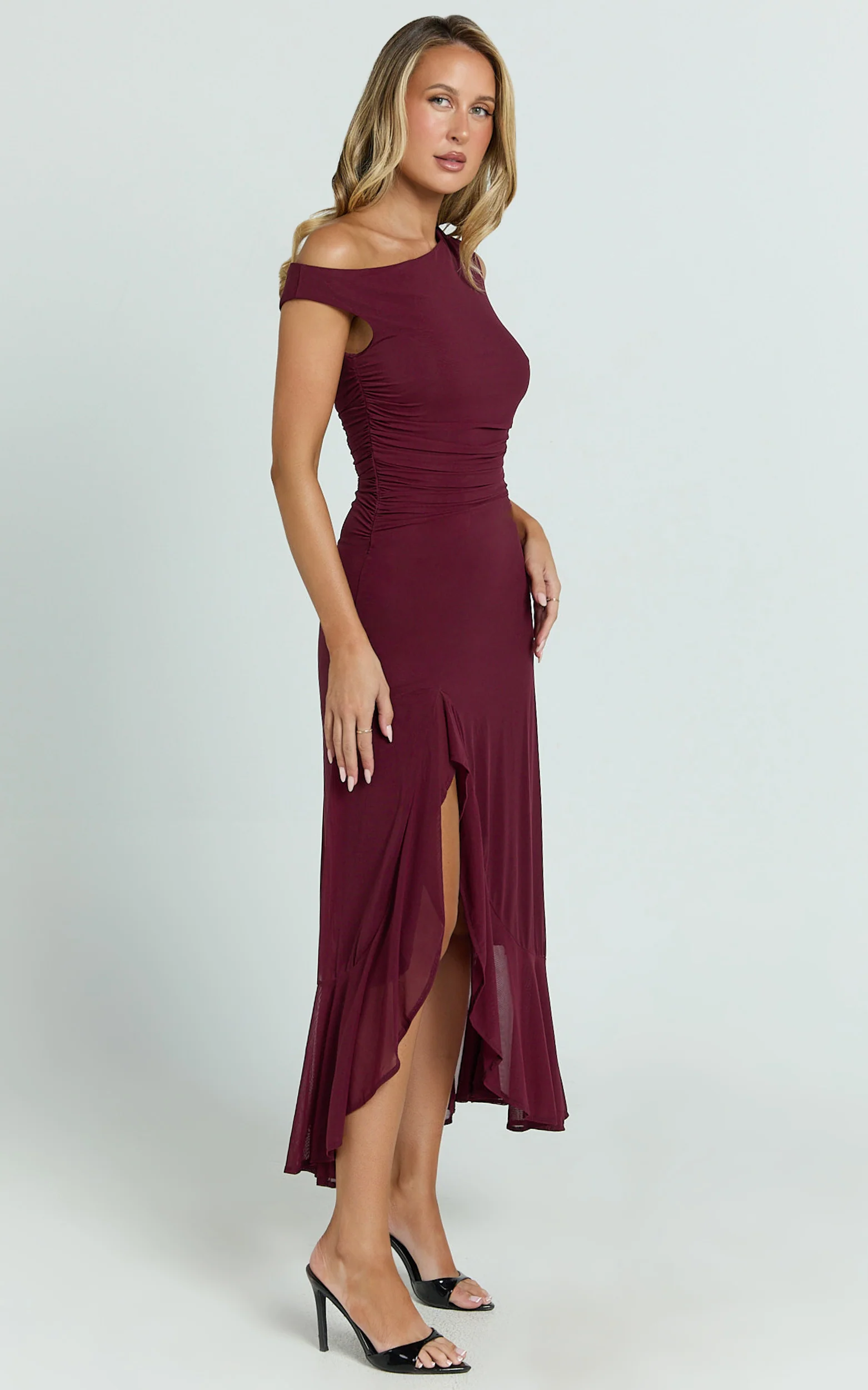 Judee Midi Dress - One Shoulder High Side Split Dress in Wine