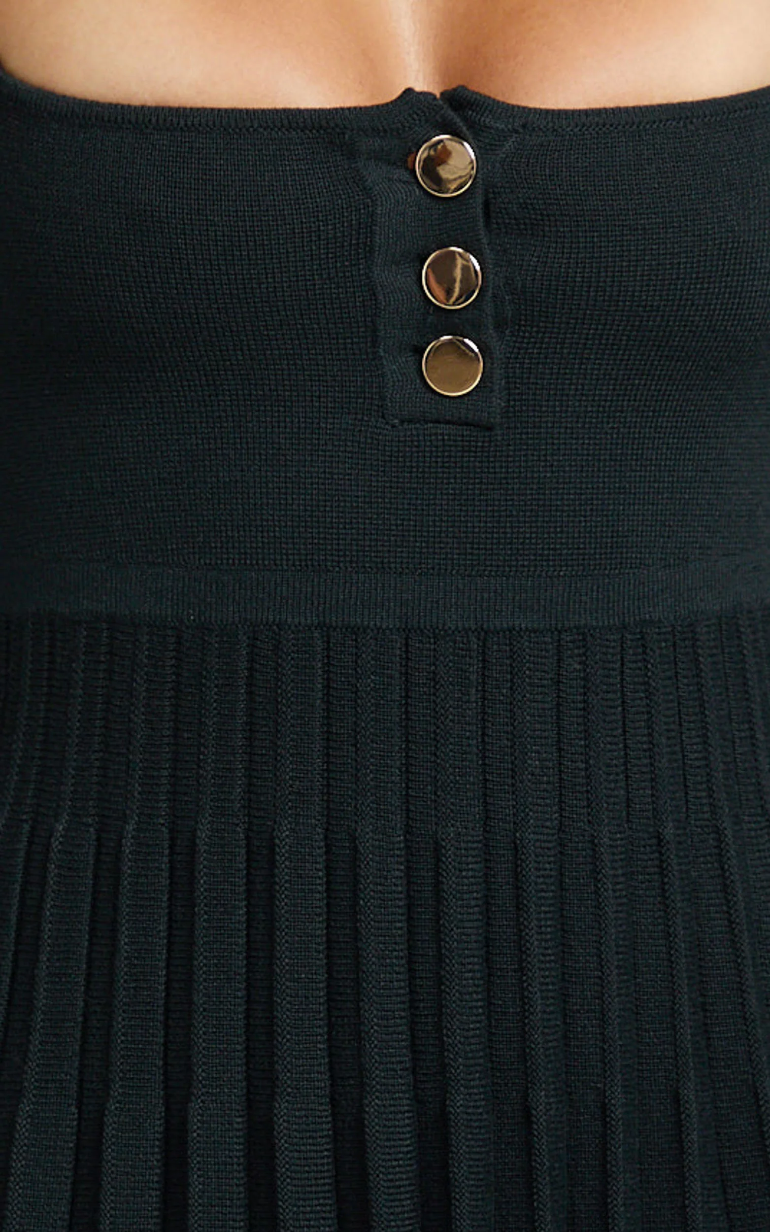 Hansen Mini Dress - Square Neck Long Sleeve Fit And Flare Pleated Dress in Black