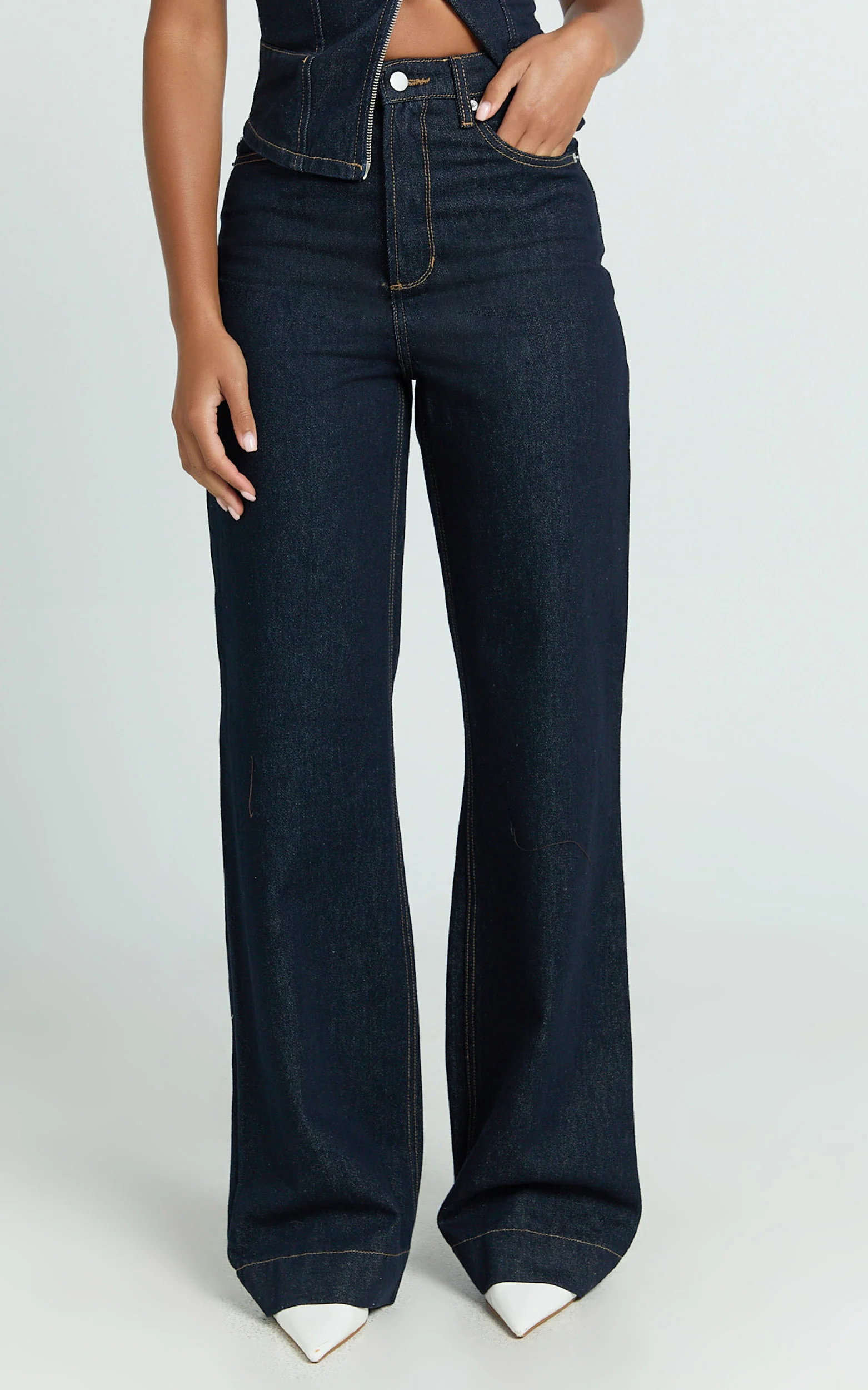 Emman Jeans - High Waisted Cotton Wide Leg Denim Jeans in Raw Denim with Tobacco Stitch