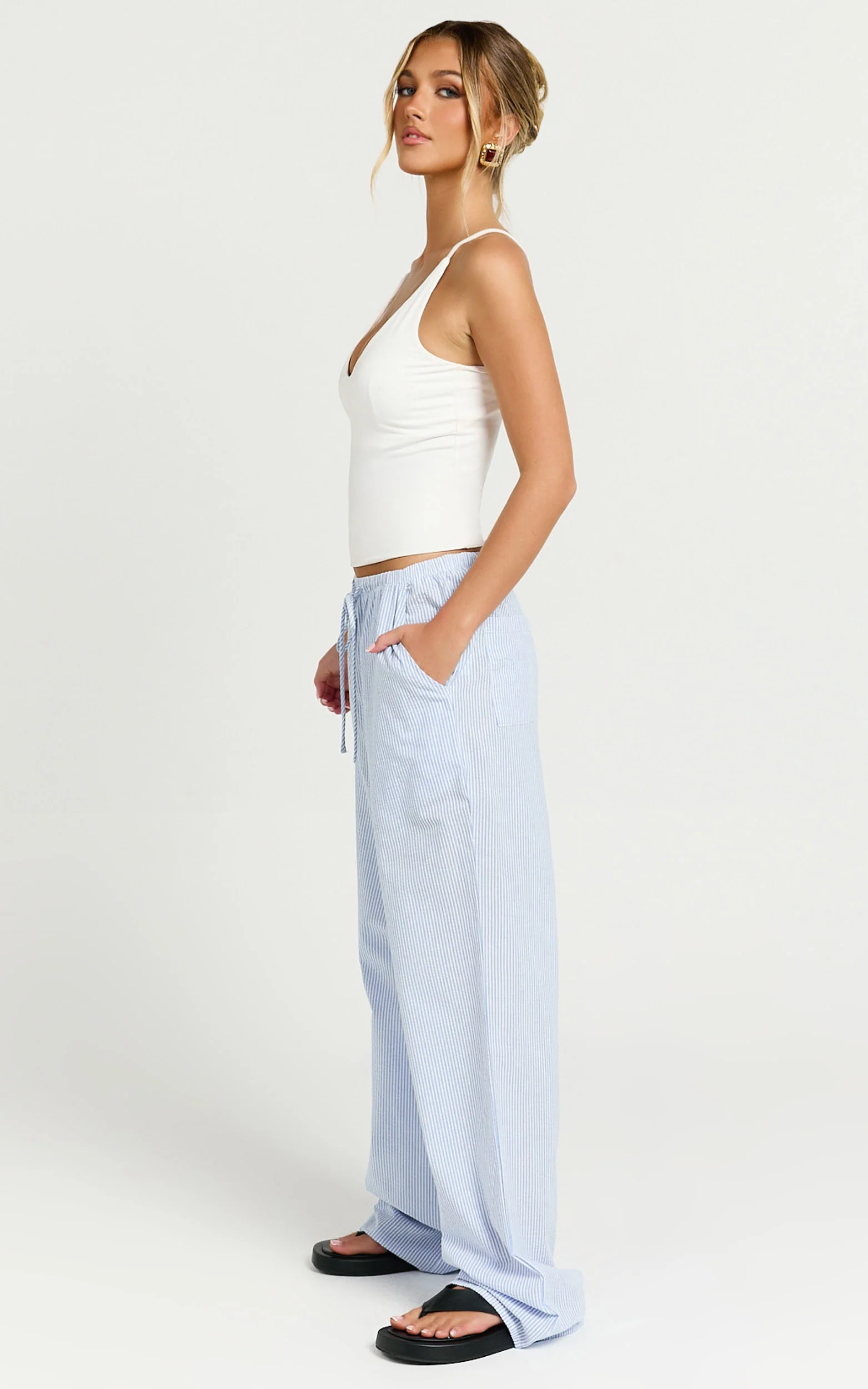 Harlo Pants - Mid Waisted Relaxed Leg Stripe Pants in Blue/ White