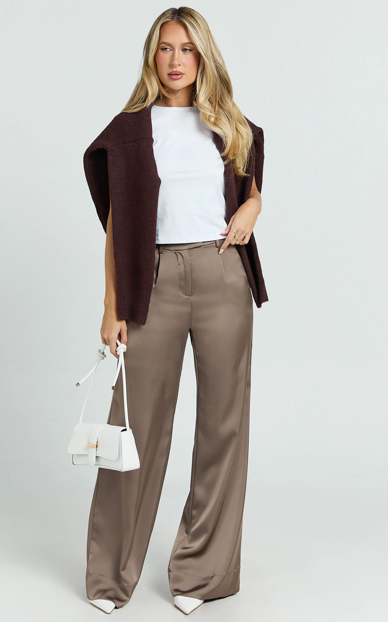 Cade Pants - Mid Waisted Front Pleat Satin Wide Leg Pants in Taupe