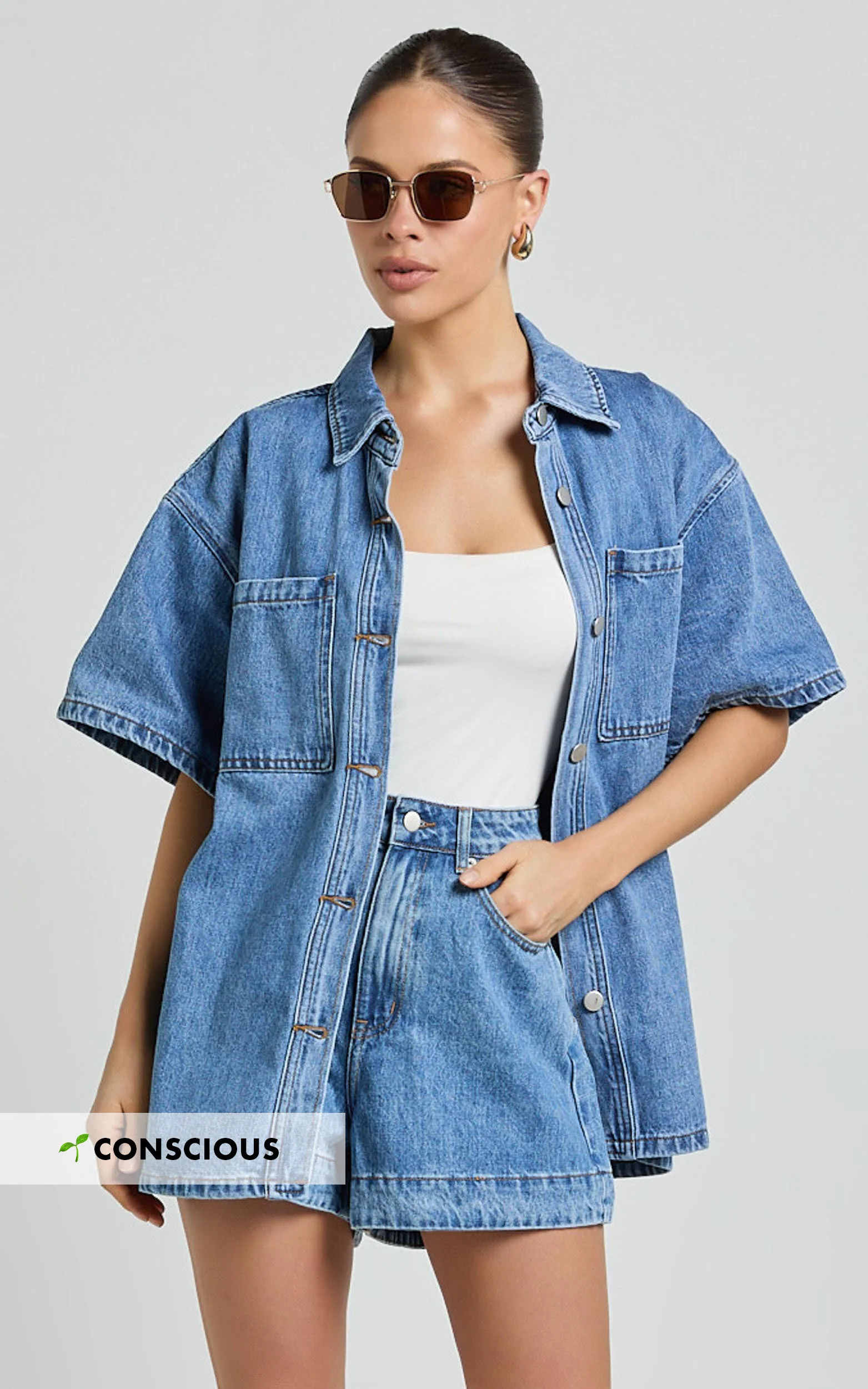 Rhianna Top - Oversized Recycled Denim Hardware Detail Short Sleeve Shirt in Mid Blue Wash