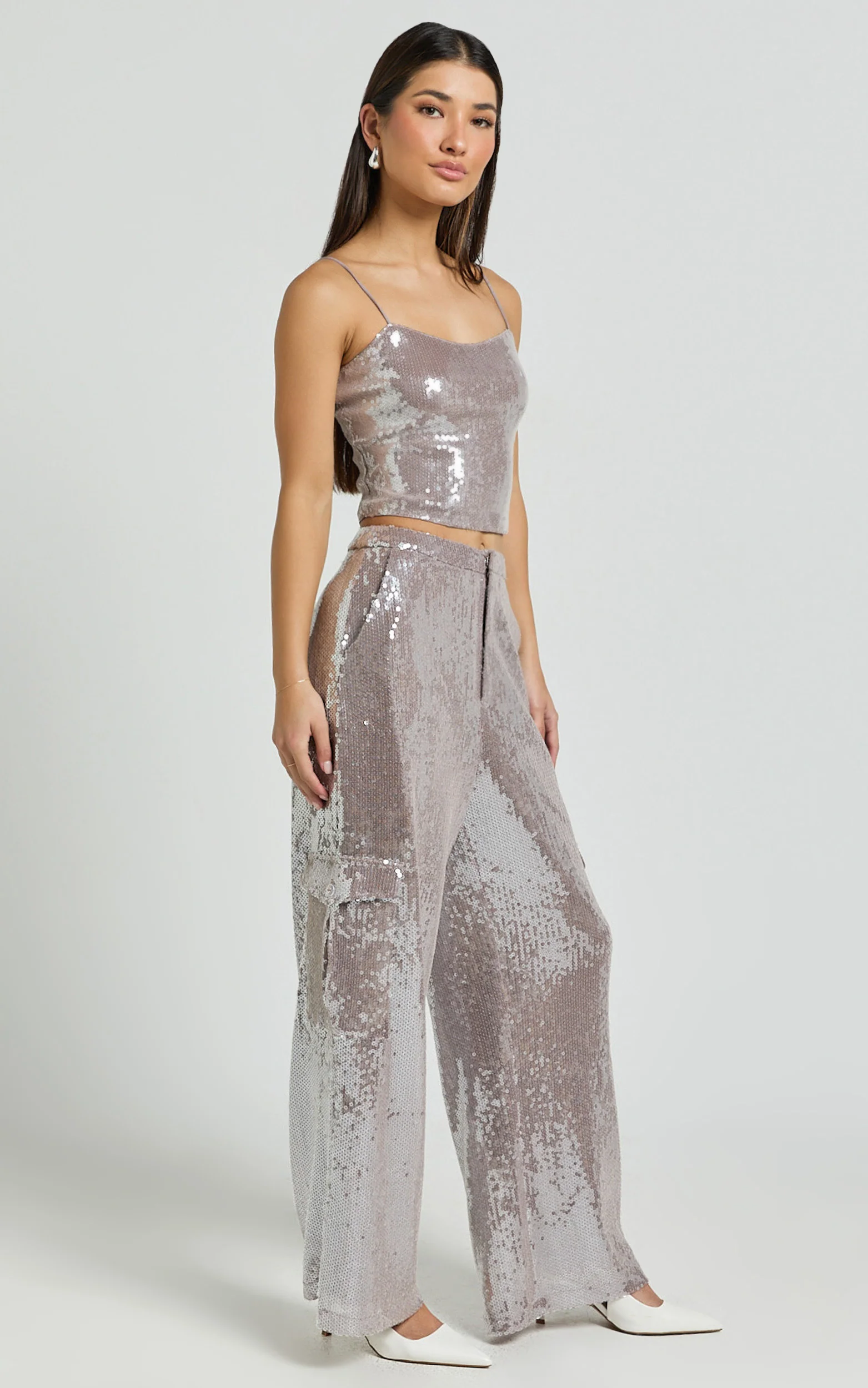 Tricia Pants - Mid Waist Cargo Pocket Sequin Pants in Grey