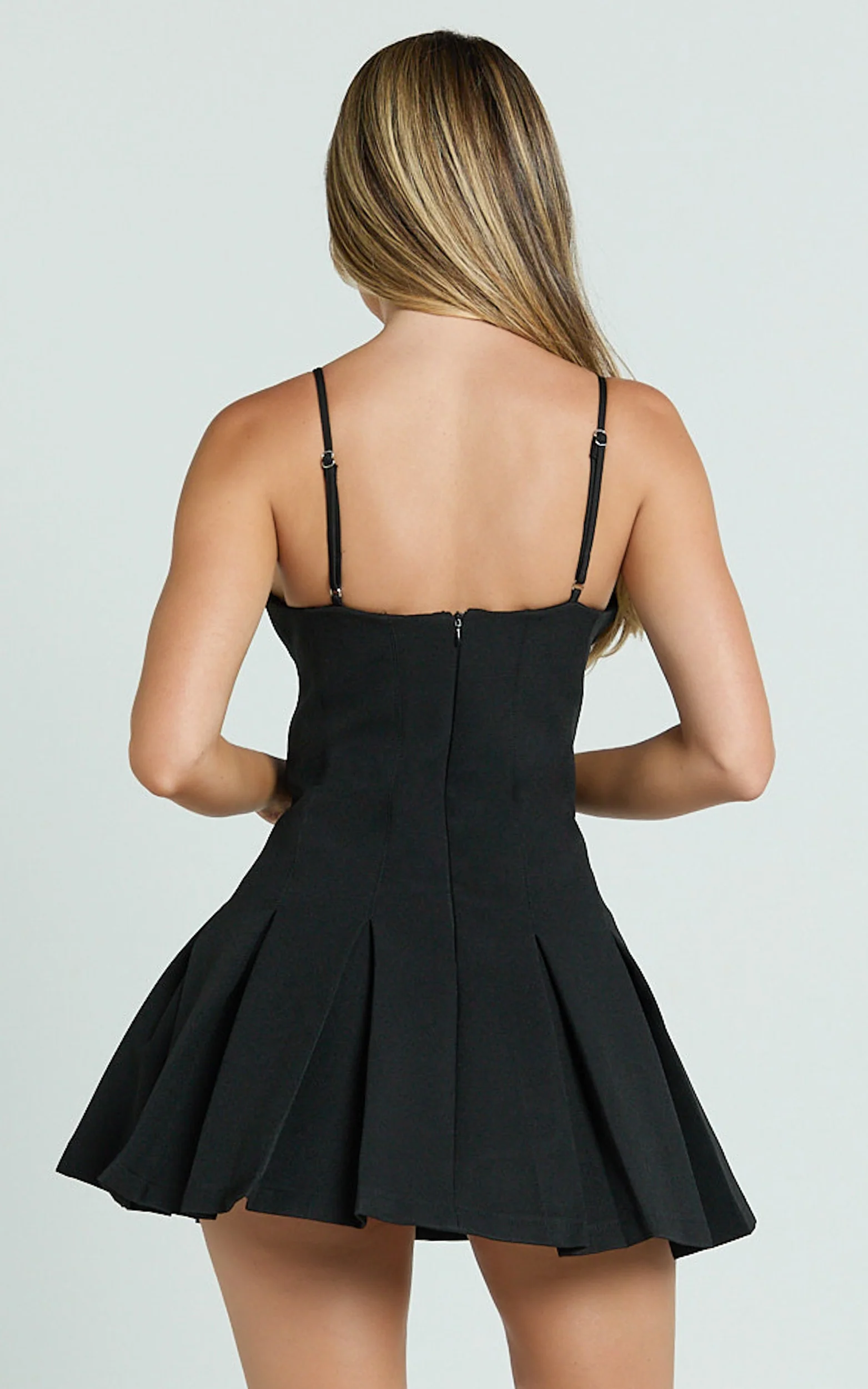 Samara Mini Dress - V Neck Fit And Flare Pleated Dress in Black