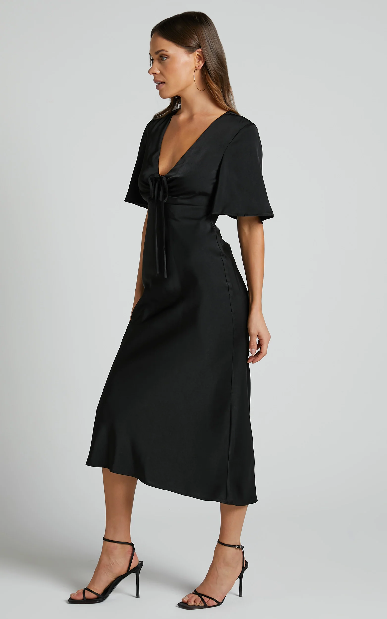 Nicholla Midi Dress - Ruched Front Angel Sleeve Slip Dress in Black