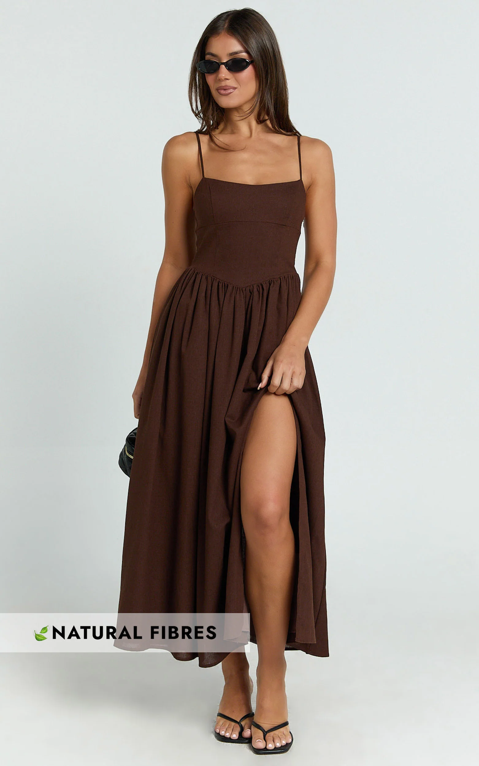 Morris Midi Dress - Linen Scoop Neck Gathered Dress in Chocolate