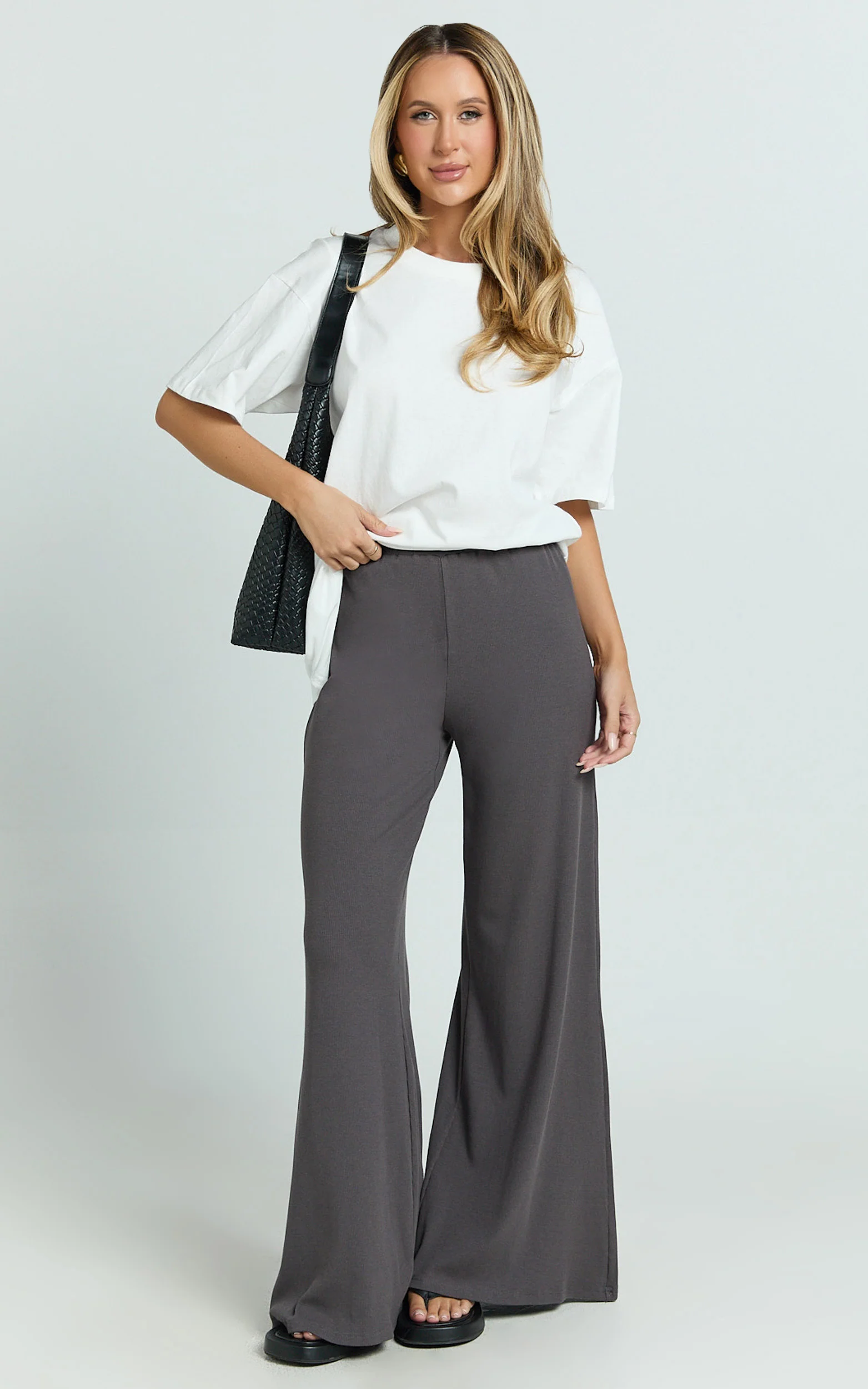 Amalthea Pants - High Waisted Jersey Rib Wide Leg Pants in Charcoal