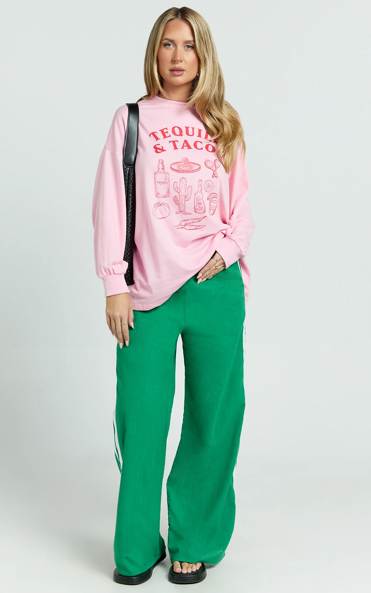 Aina Two Piece Set - Tequila & Tacos Long Sleeve Tee and Pants Set in Pink / Green