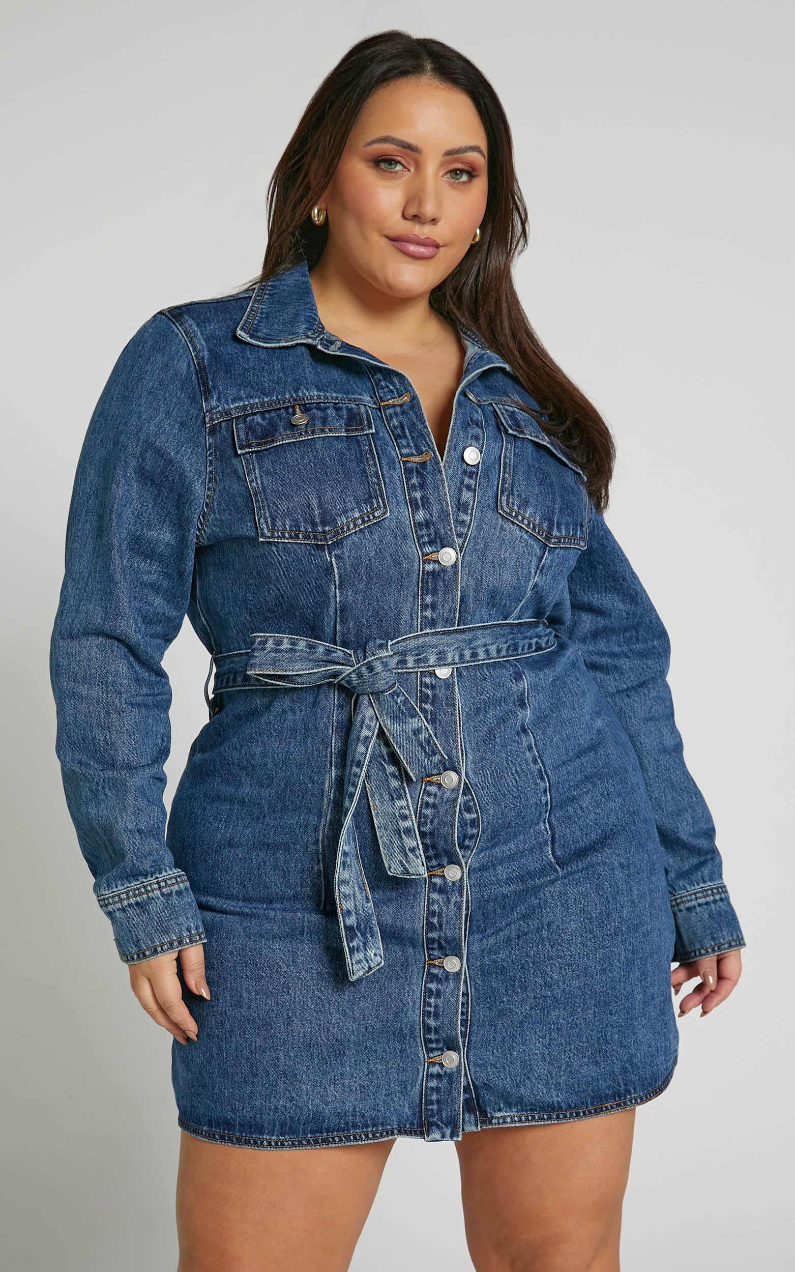 Enriquetta Mini Dress - Cotton Denim Long Sleeve Button Up Dress in Blue