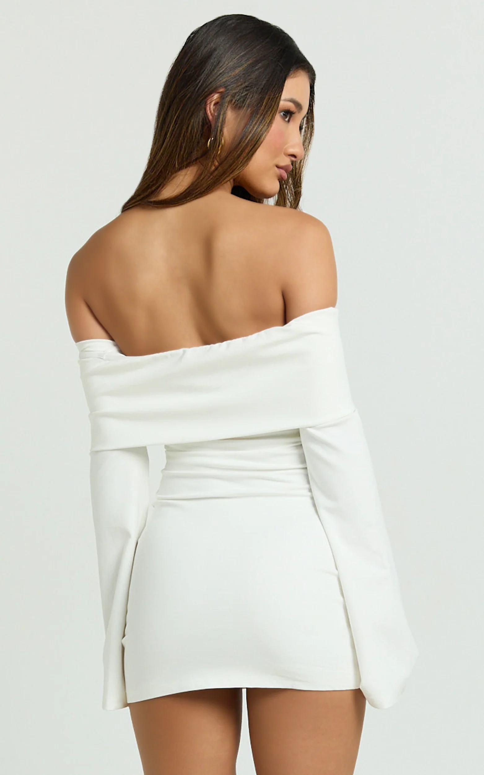 Esme Mini Dress - Off Shoulder Wide Sleeve Fitted Skirt Dress in Off White