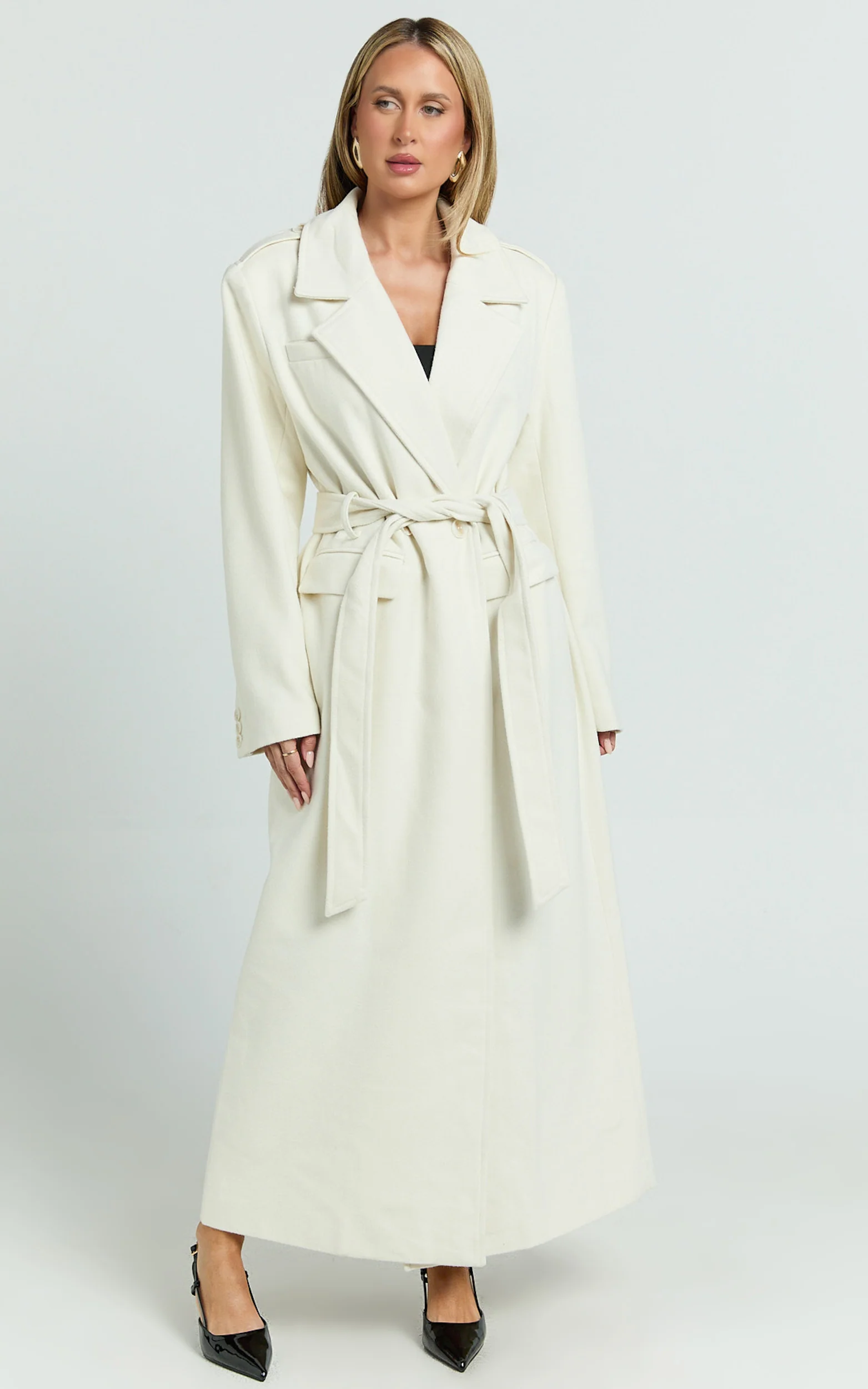 Farah Coat - Single Breasted Oversized Longline Wrap Coat in Off White