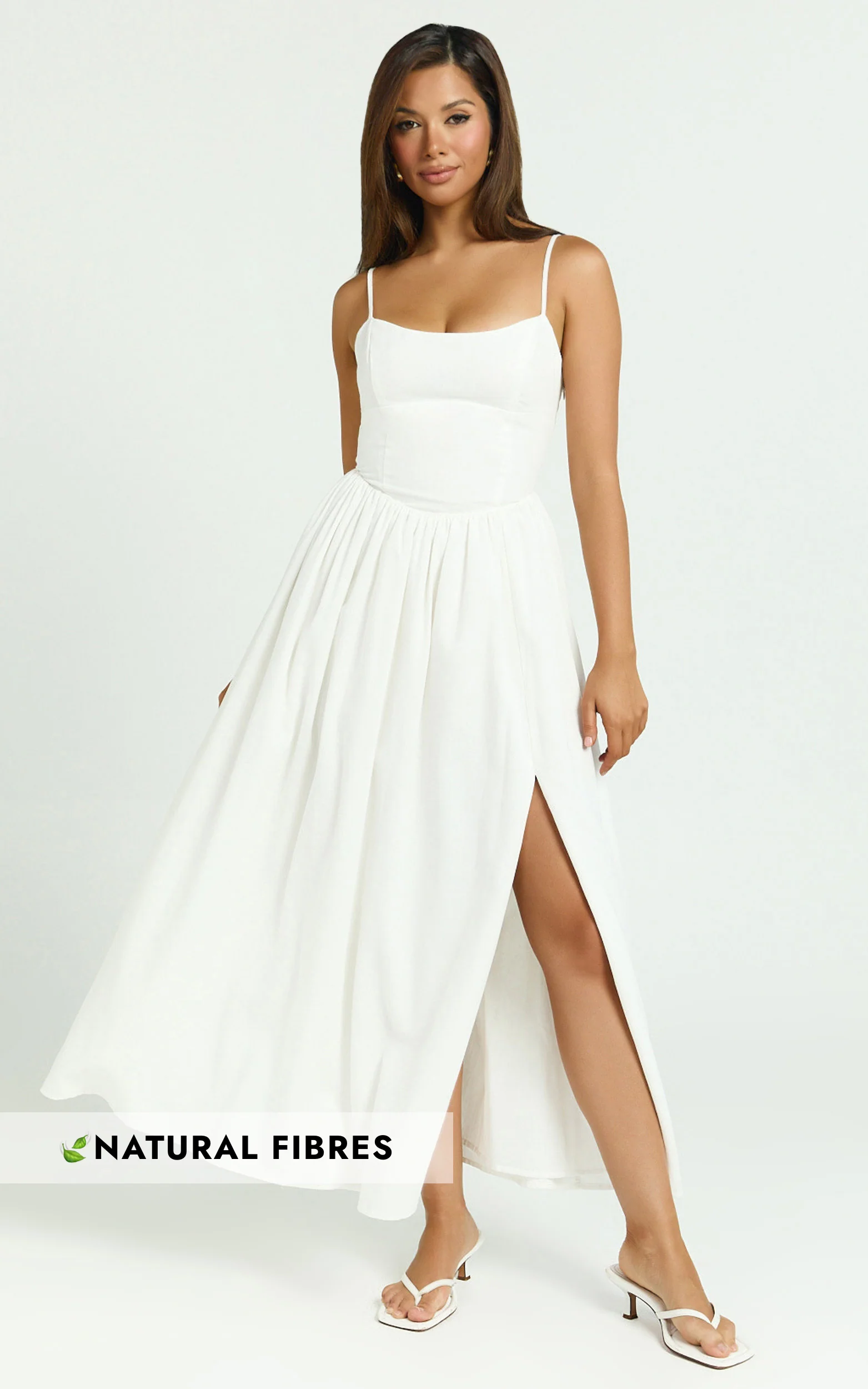 Morris Midi Dress - Linen Scoop Neck Gathered Dress in Off White